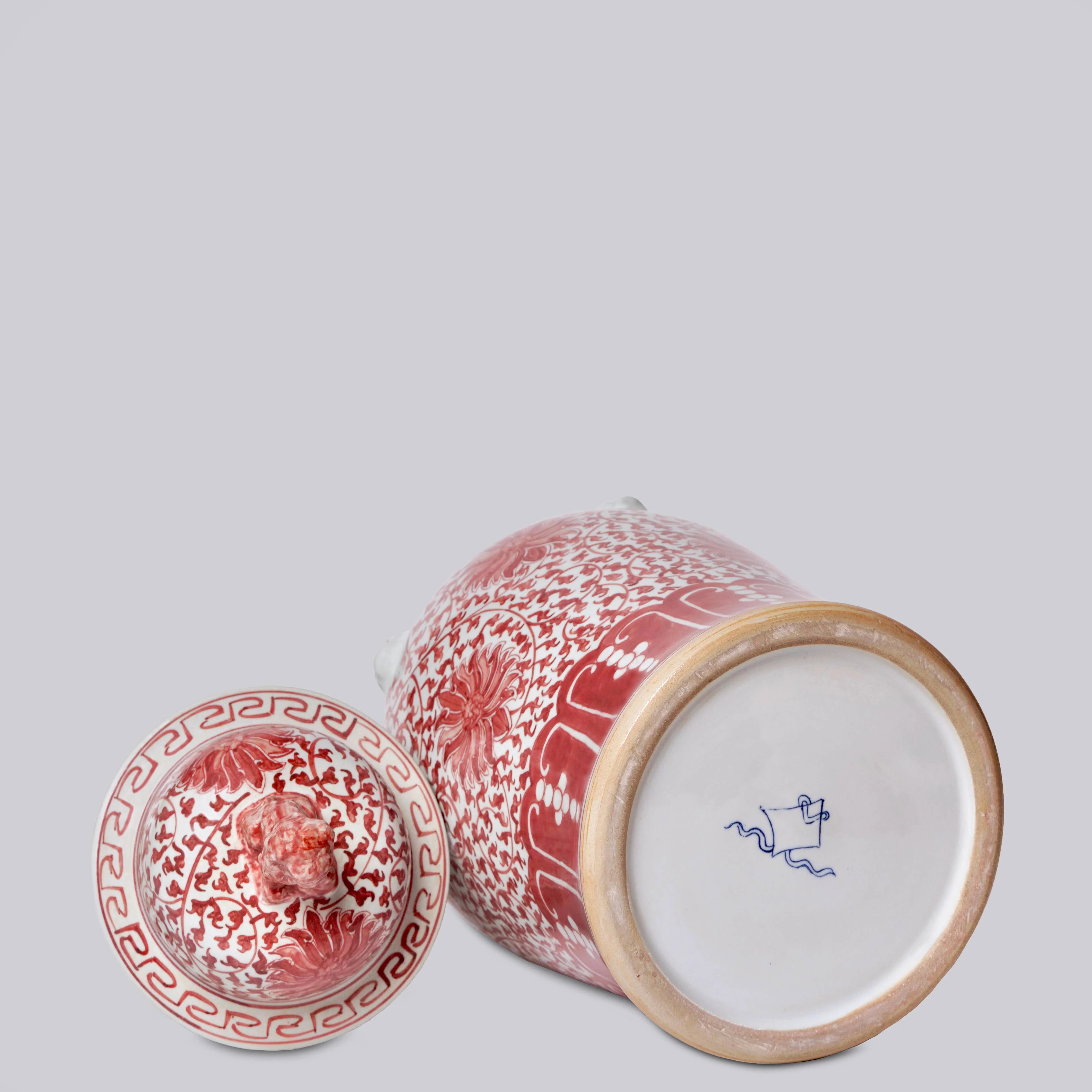 Red and White Porcelain Scrolling Lotus Rondelle Temple Jar - Image 4
