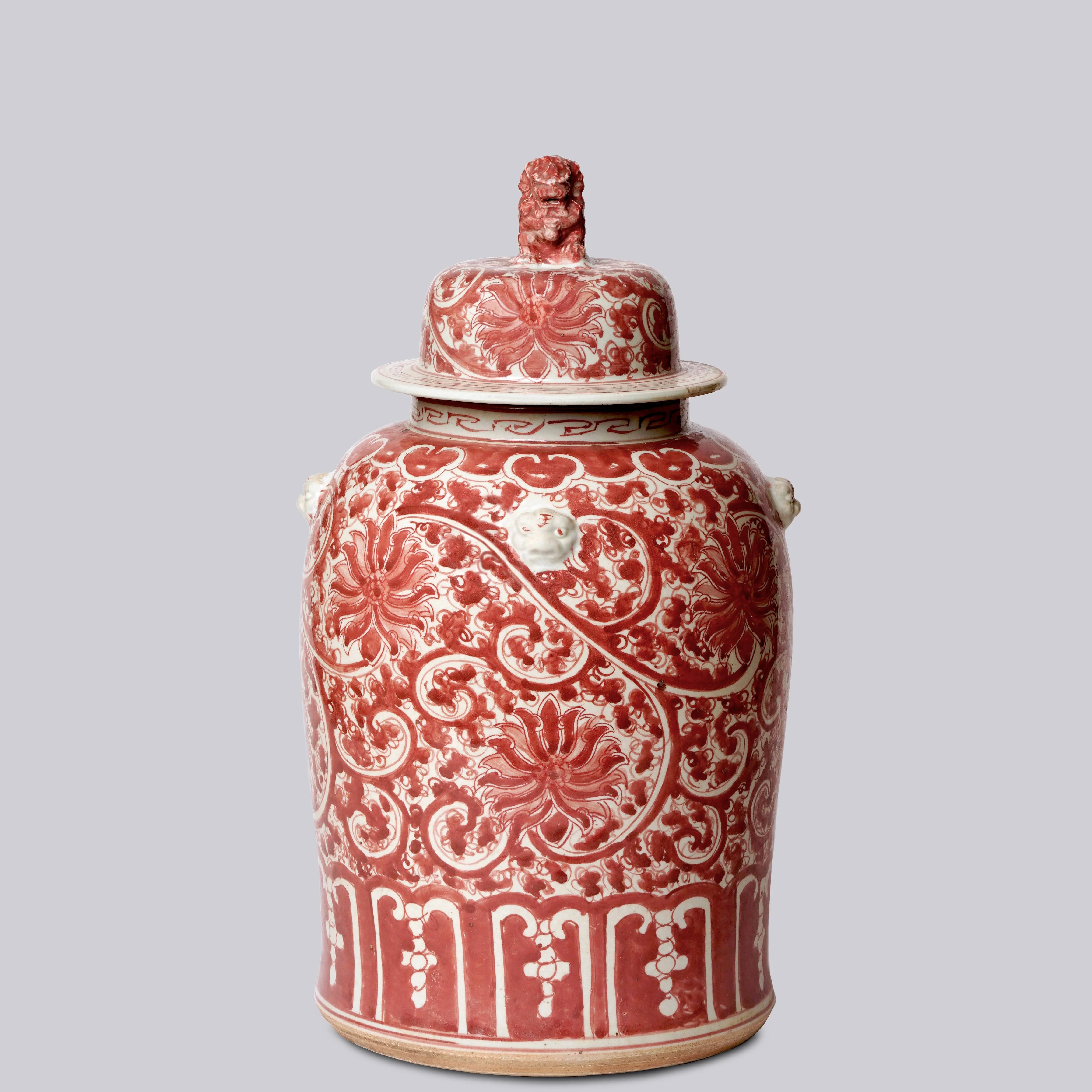 Red and White Porcelain Scrolling Lotus Temple Jar