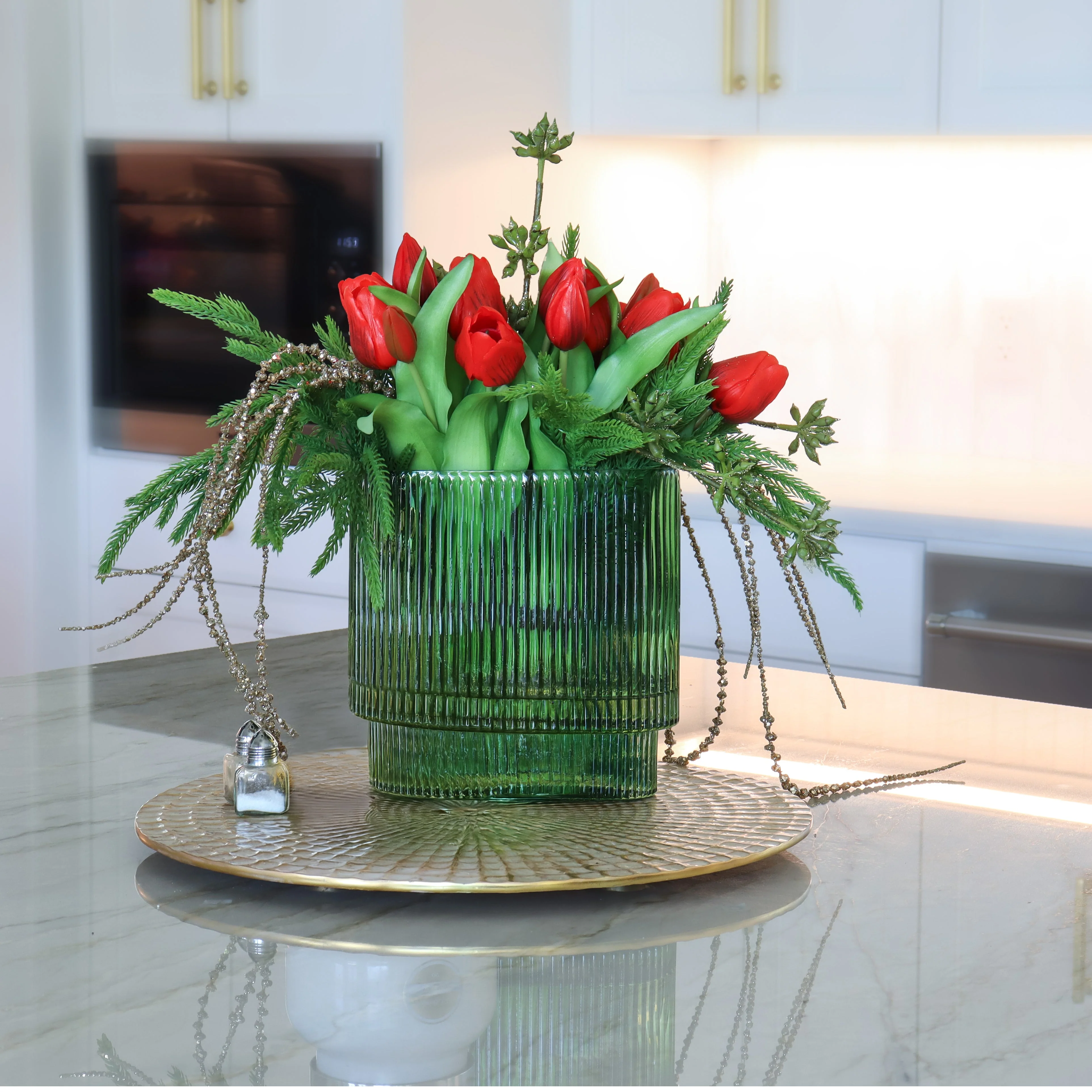 Red Holiday Tulips in Green Glass Container - Image 2