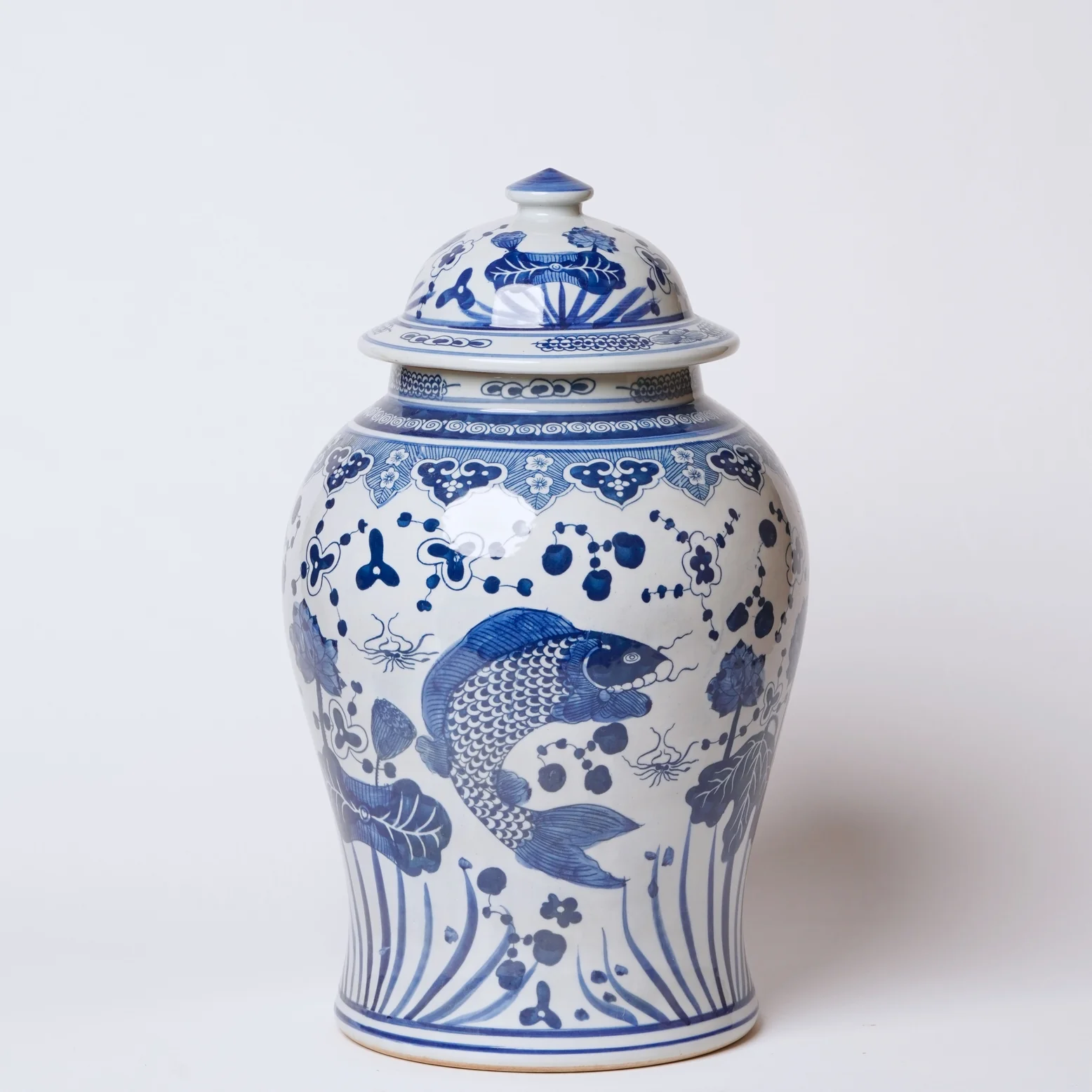 River Fish Blue and White Porcelain Temple Jar