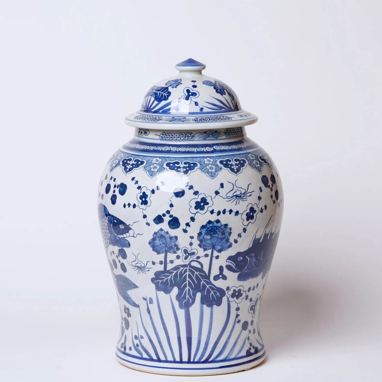 River Fish Blue and White Porcelain Temple Jar - Image 2