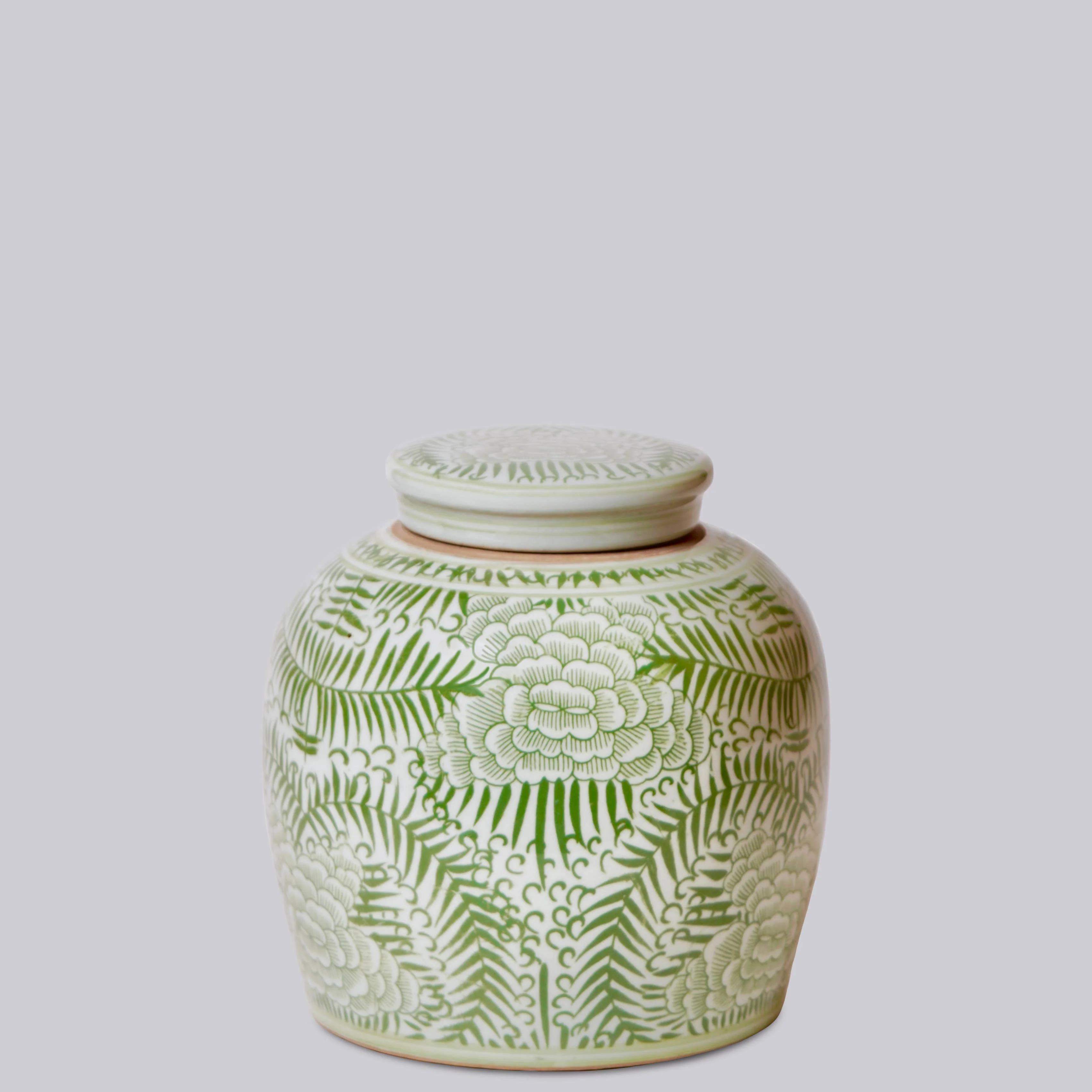 Rustic Peony Green and White Porcelain Jar