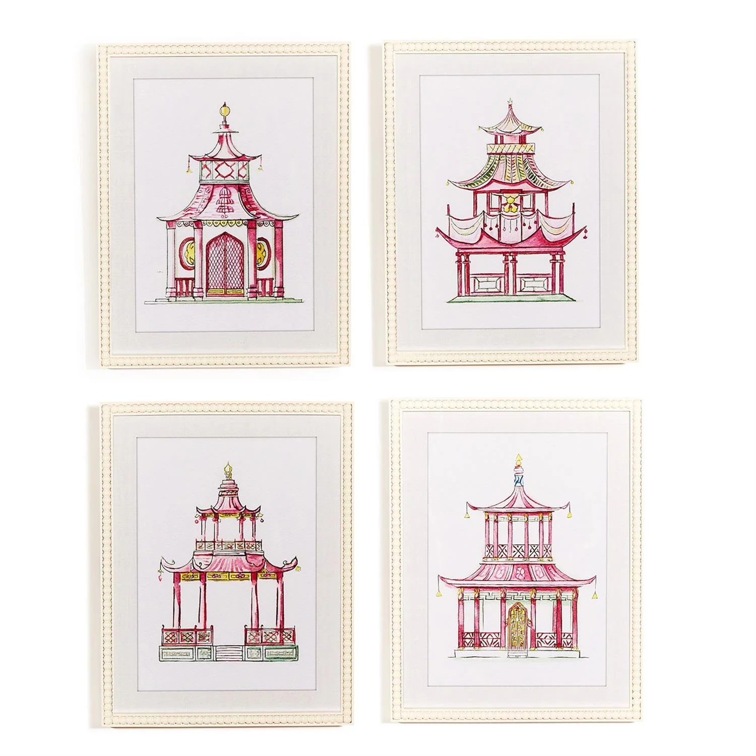 S/4 Pink Pagoda White Beaded Framed Wall Art Prints