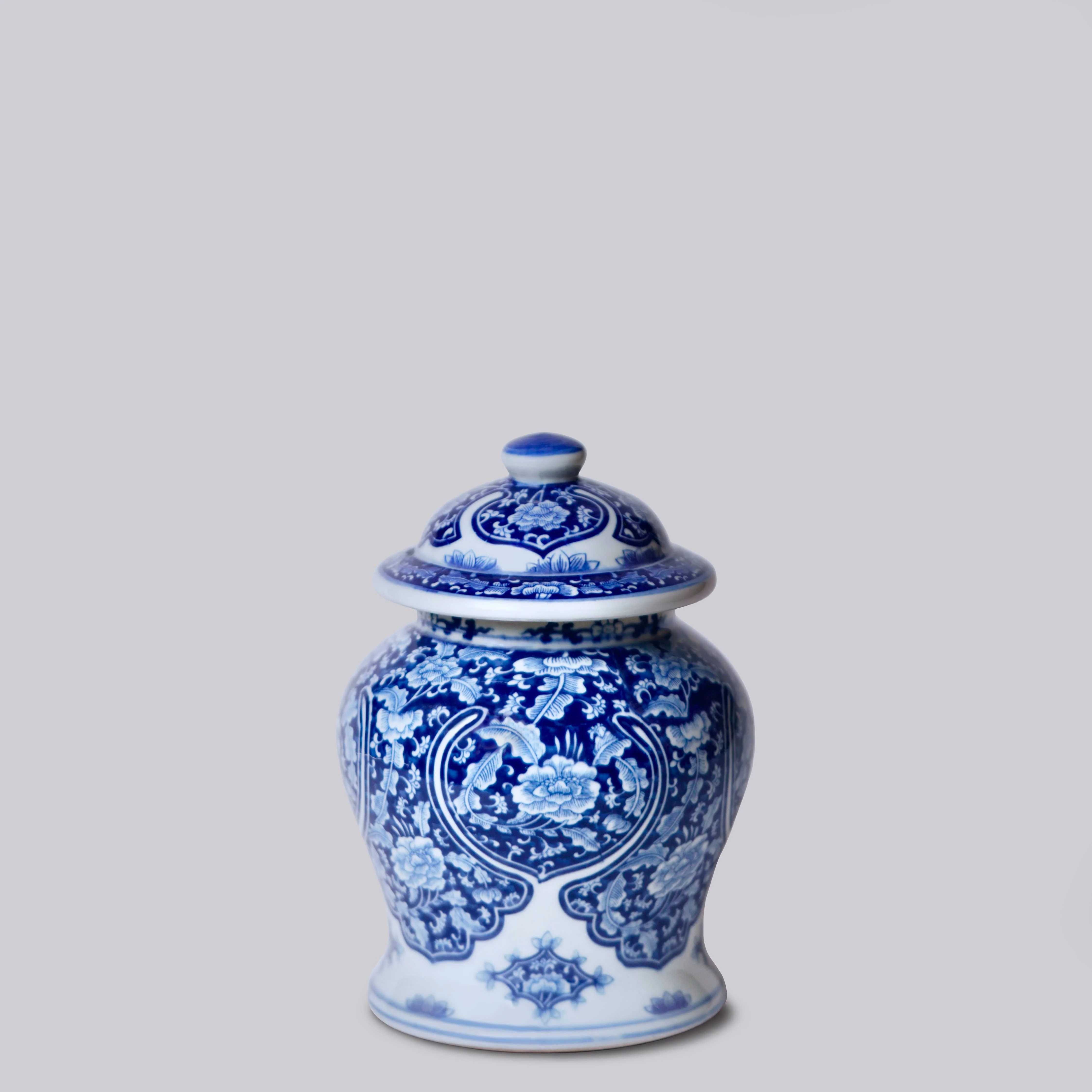 Small Blue and White Porcelain Floral Cartouche Temple Jar