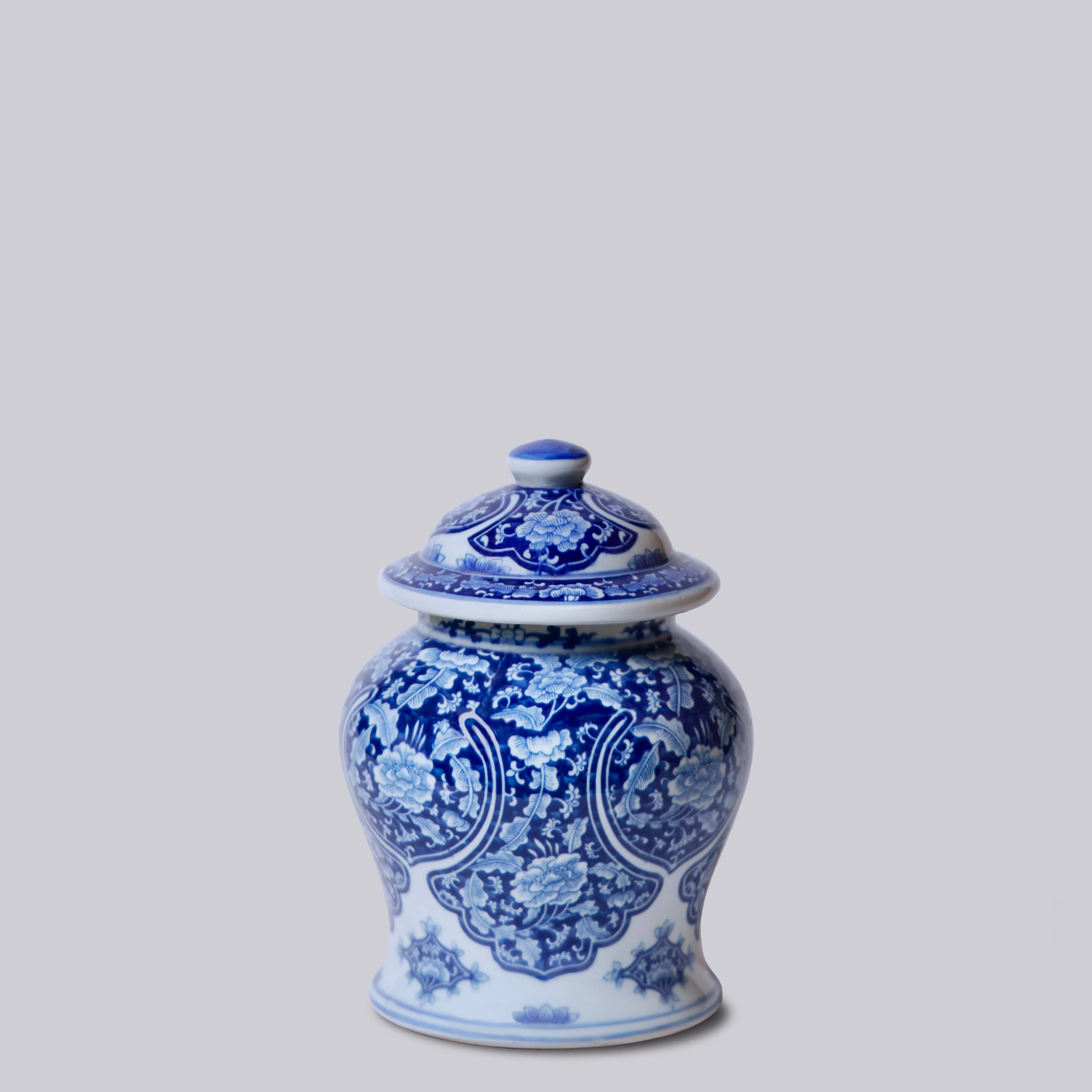 Small Blue and White Porcelain Floral Cartouche Temple Jar - Image 3