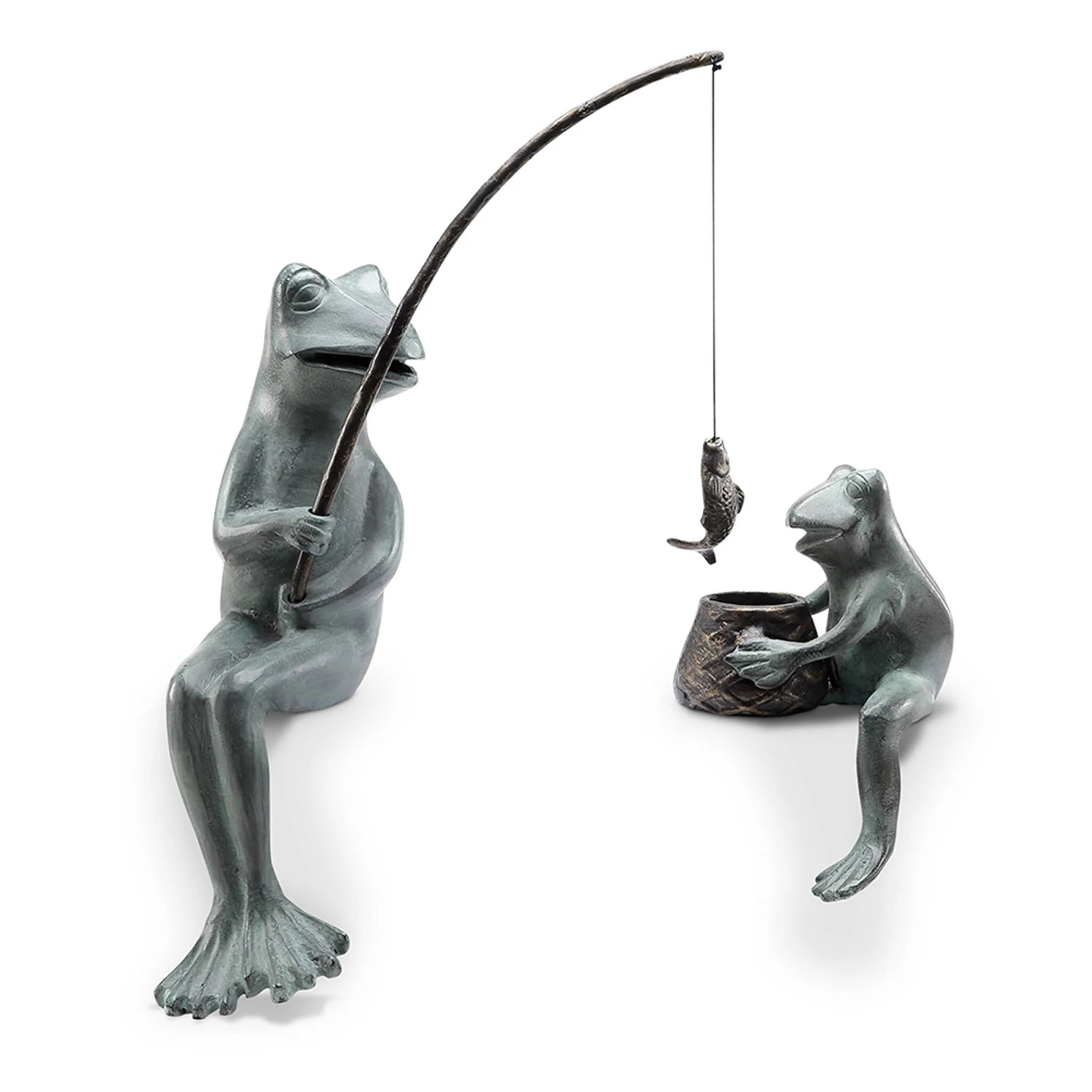 Fishing Frog Mama and Baby Garden Sculpture - Image 2