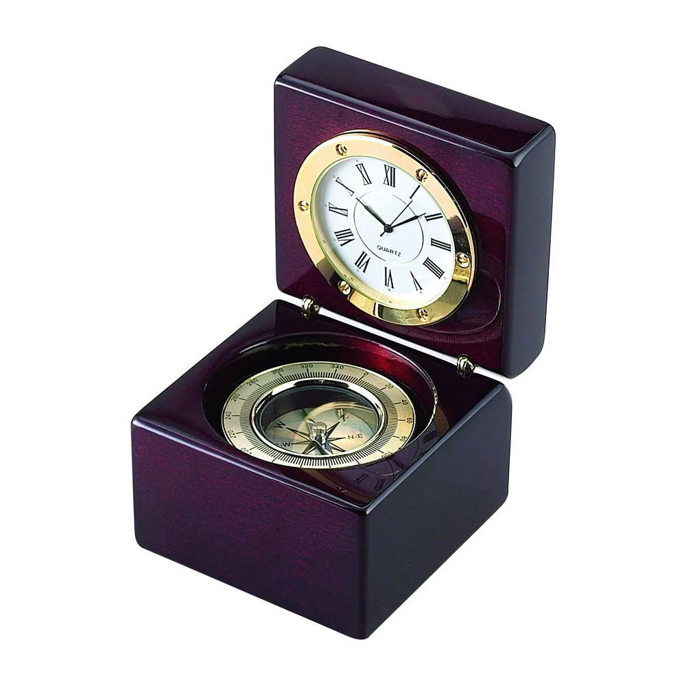 Square Wood Box With Clock & Compass In Piano Finish