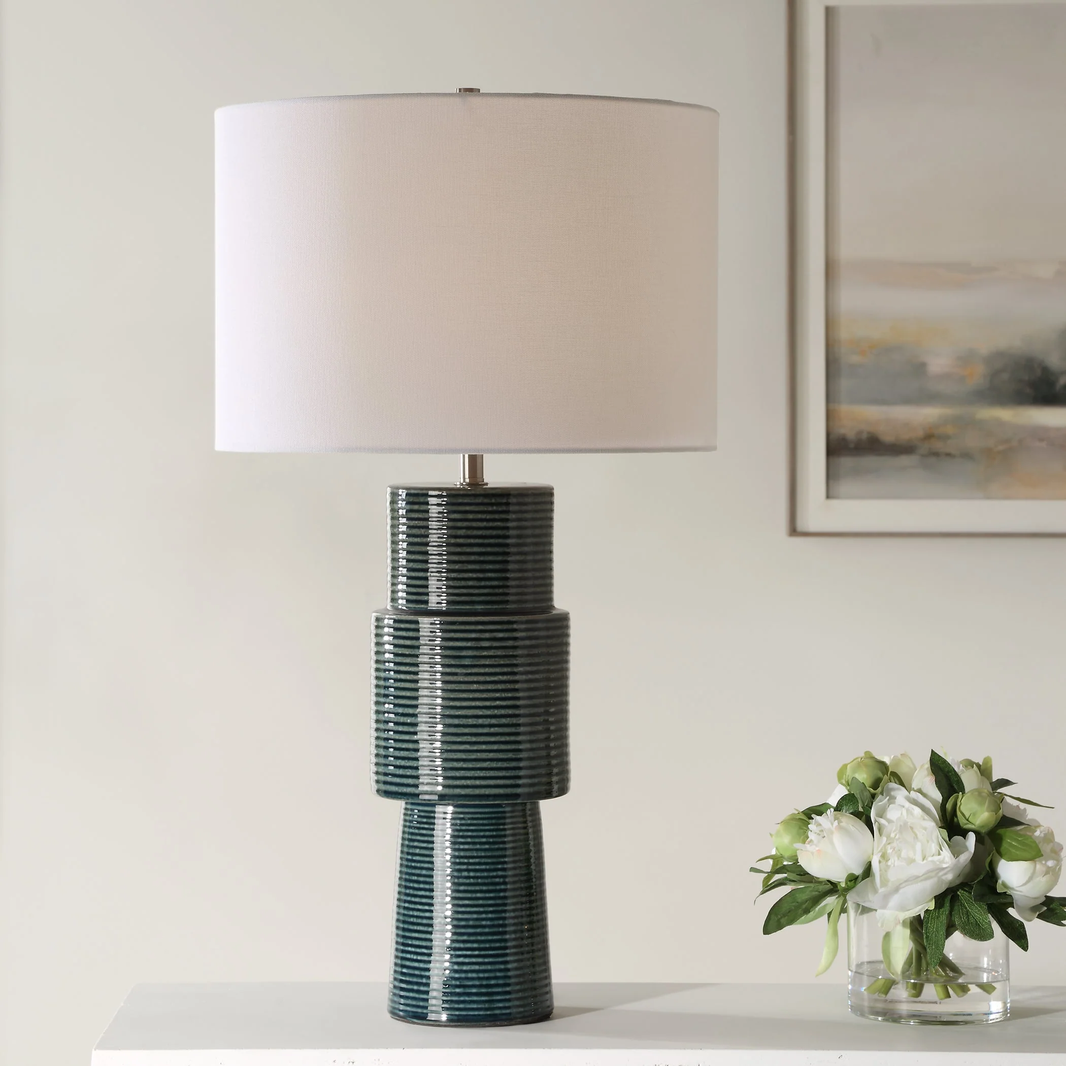Stacked Round Teal Table Lamp - Image 2