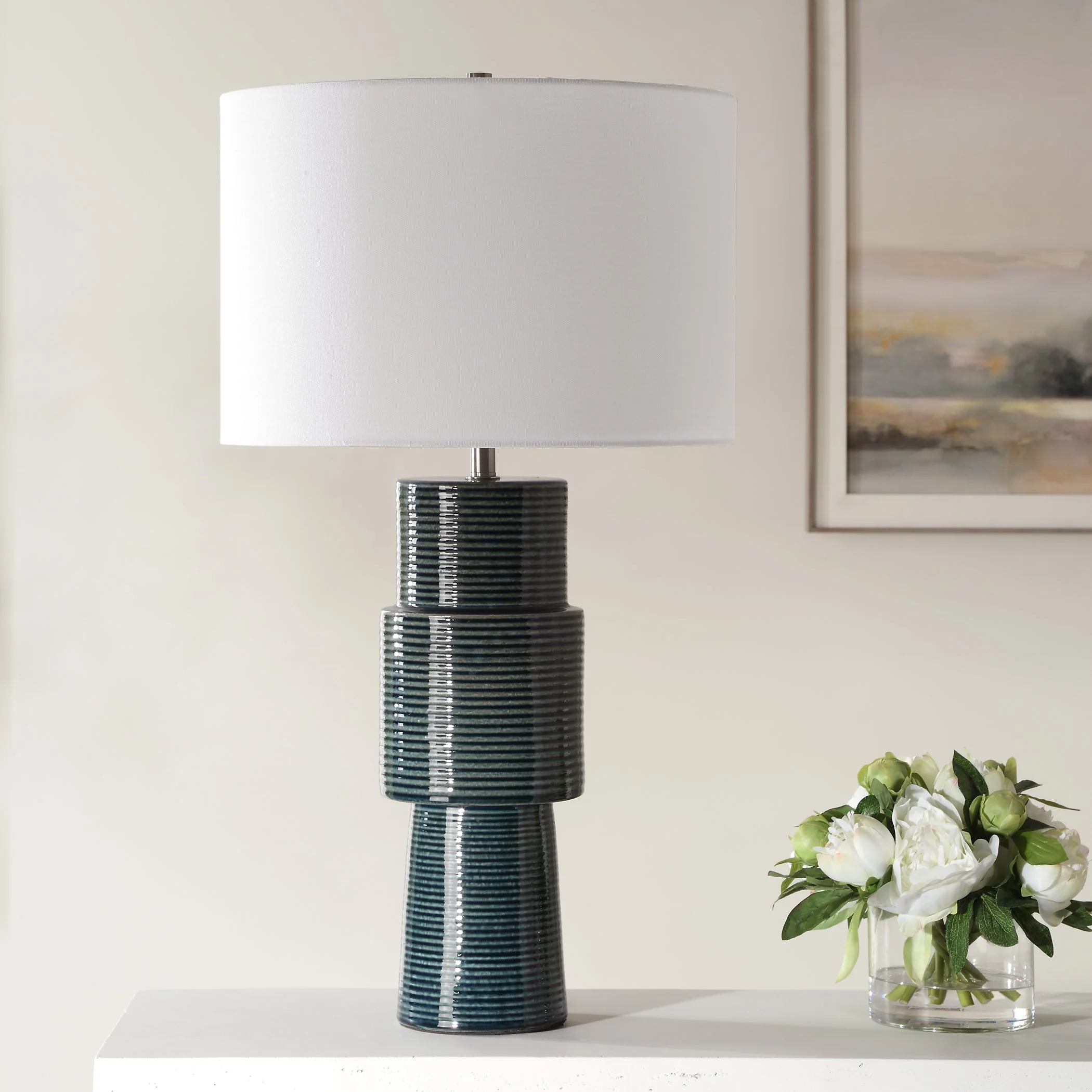 Stacked Round Teal Table Lamp - Image 3