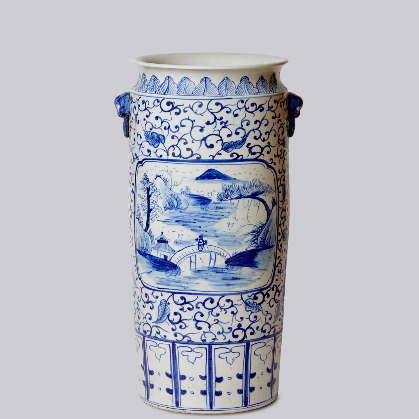 Blue and White Landscape Cartouche Porcelain Umbrella Stand
