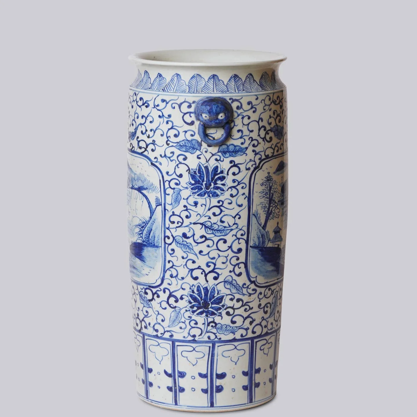 Blue and White Landscape Cartouche Porcelain Umbrella Stand - Image 2