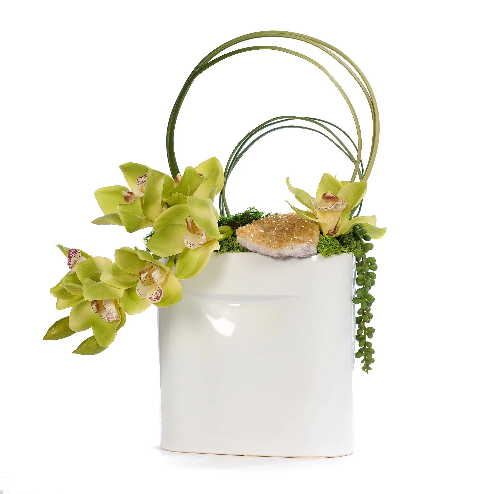 Draped Orchids in Flat Ceramic Vase