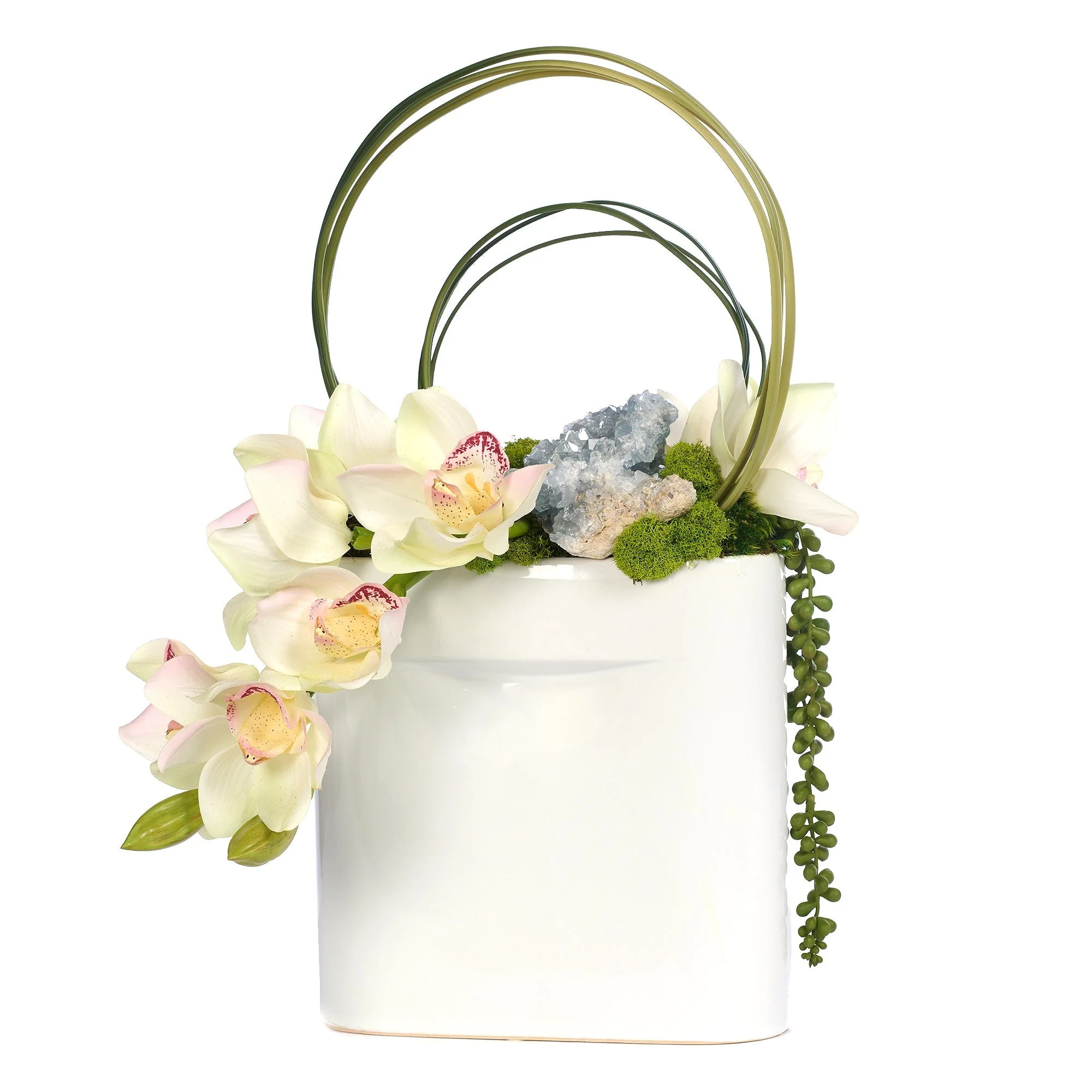 Draped Orchids in Flat Ceramic Vase - Image 3