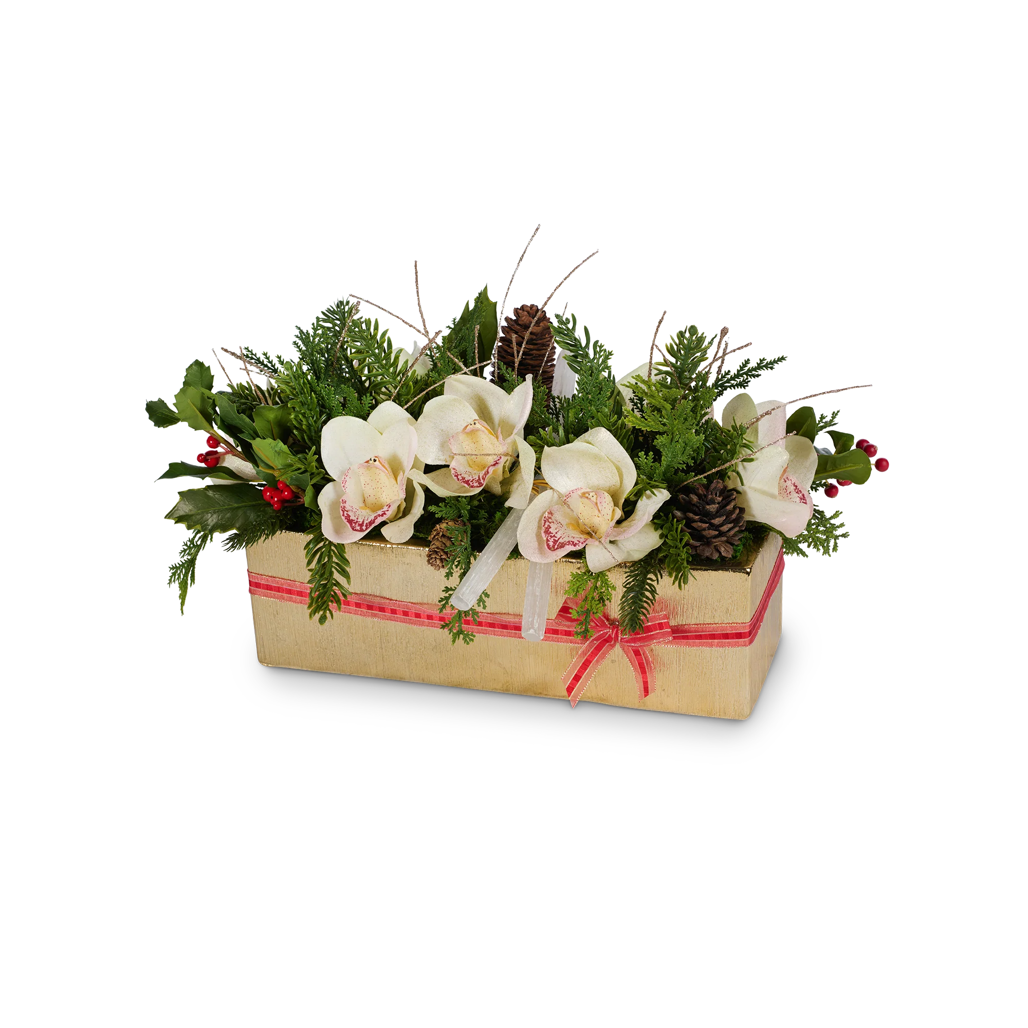 Holiday Orchids in Gold Rectangle Container - Image 3