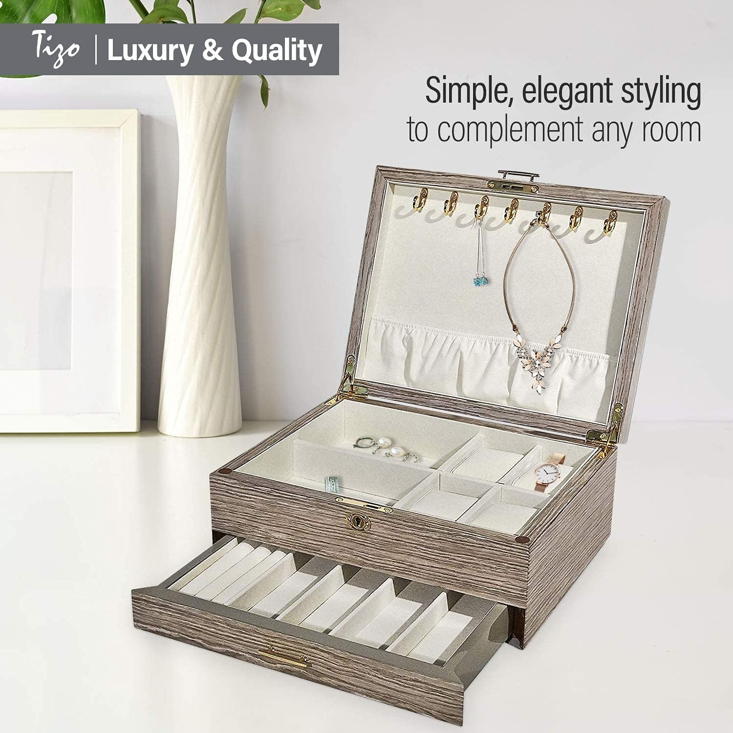 Tizo Italian Designed Gray Taupe Wood Jewelry Box - Image 3