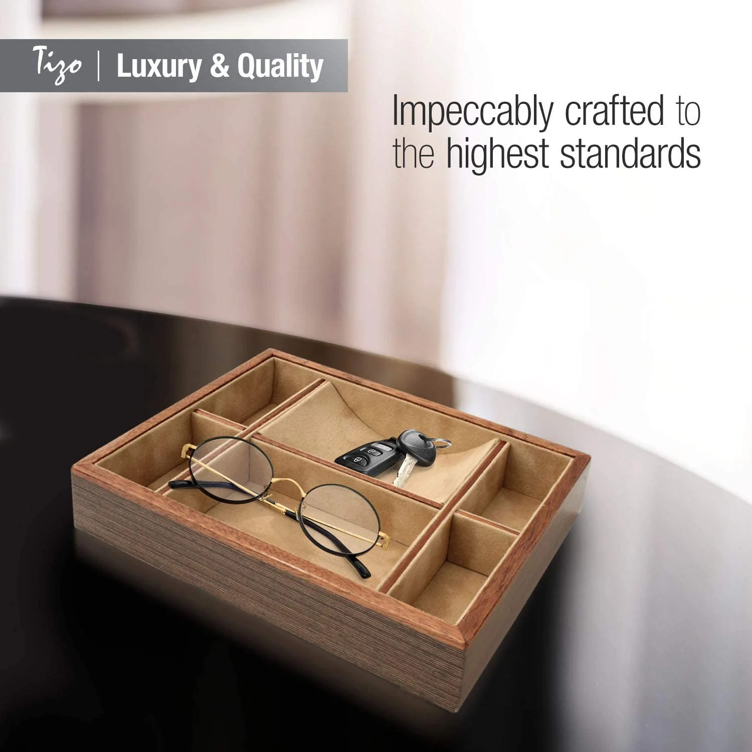 Tizo Wood Valet Tray Organizer - Brown Burl Wood - Image 2