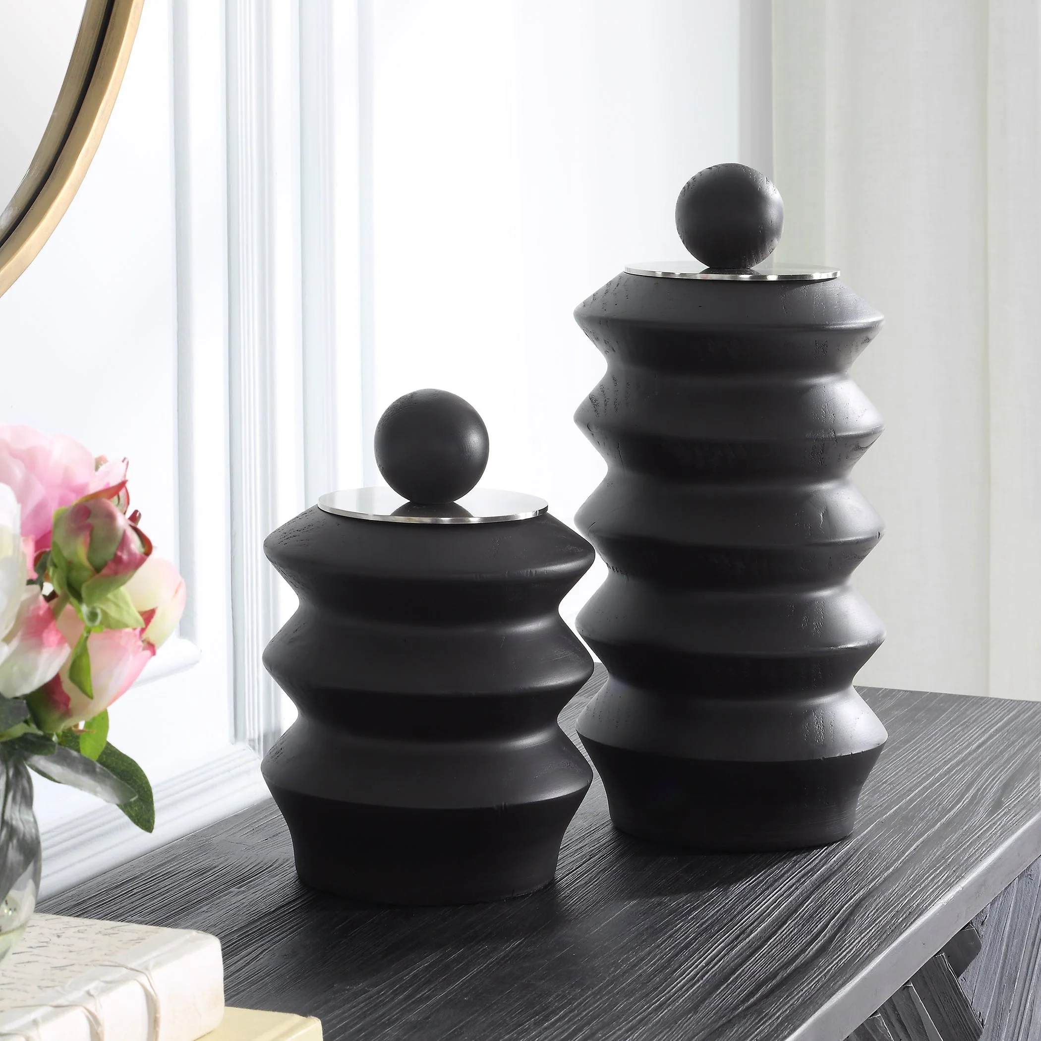 Uttermost Accordion Black Wood Containers, S/2 - Image 3