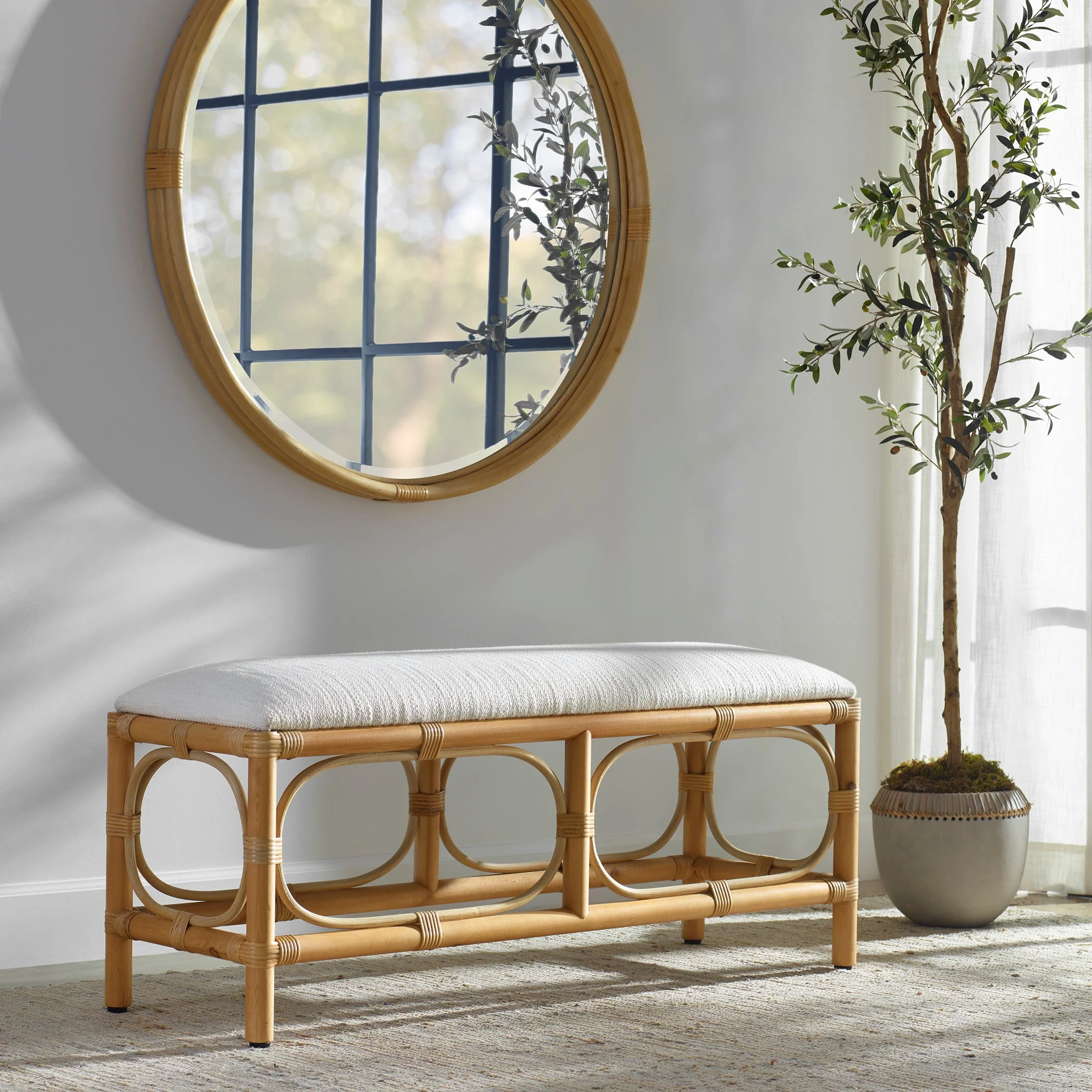 Uttermost Laguna White Fabric Rattan Bench - Image 2