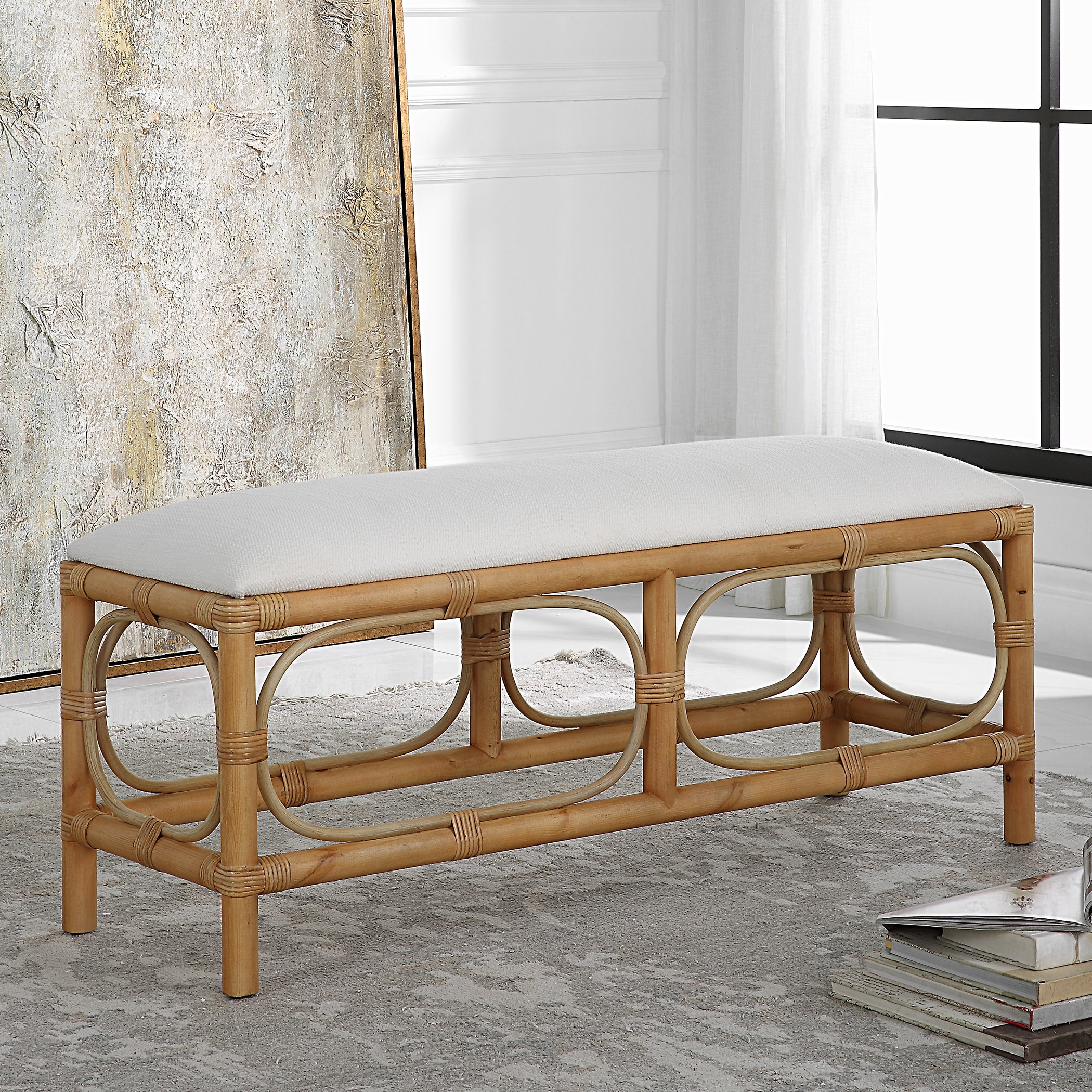 Uttermost Laguna White Fabric Rattan Bench - Image 3