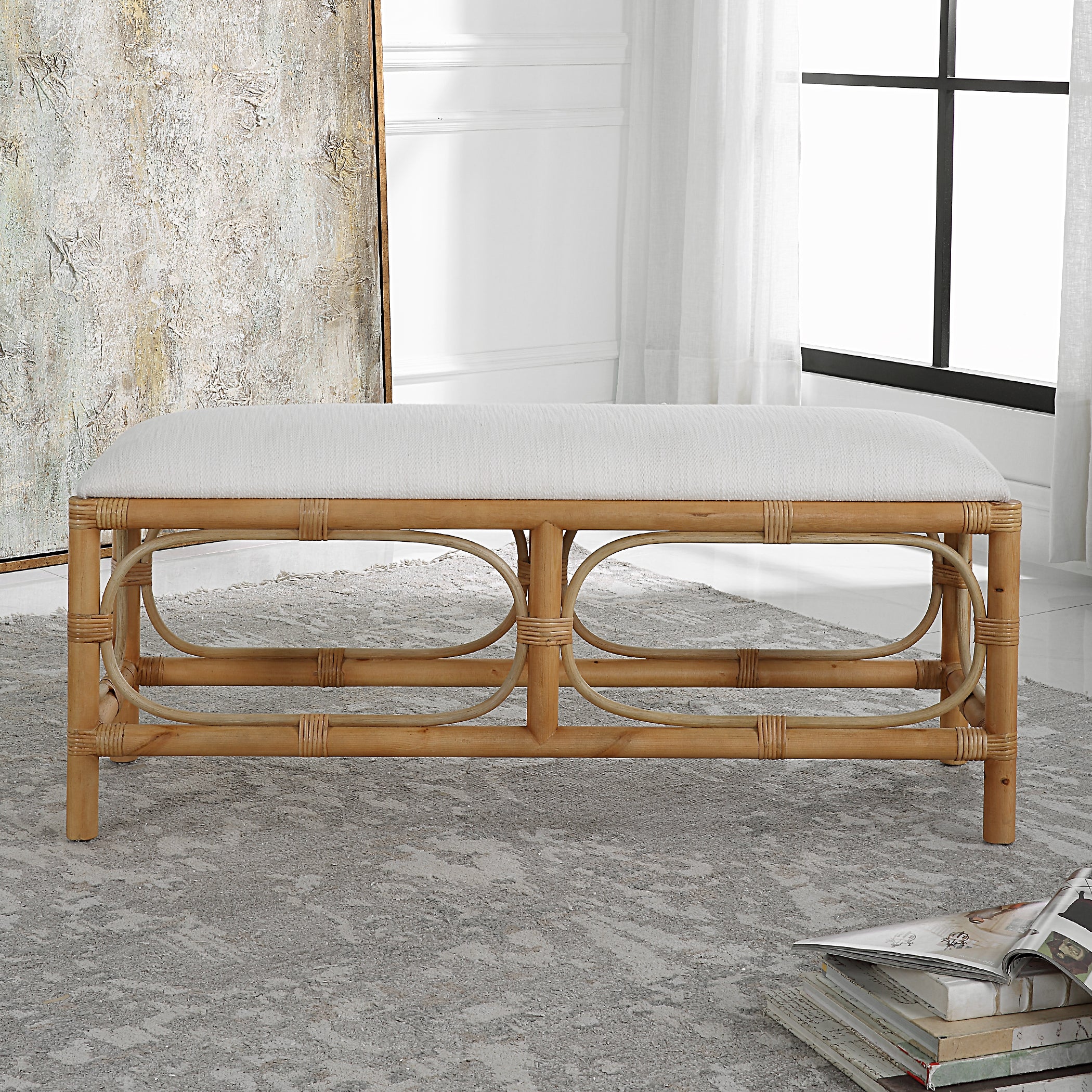 Uttermost Laguna White Fabric Rattan Bench - Image 4