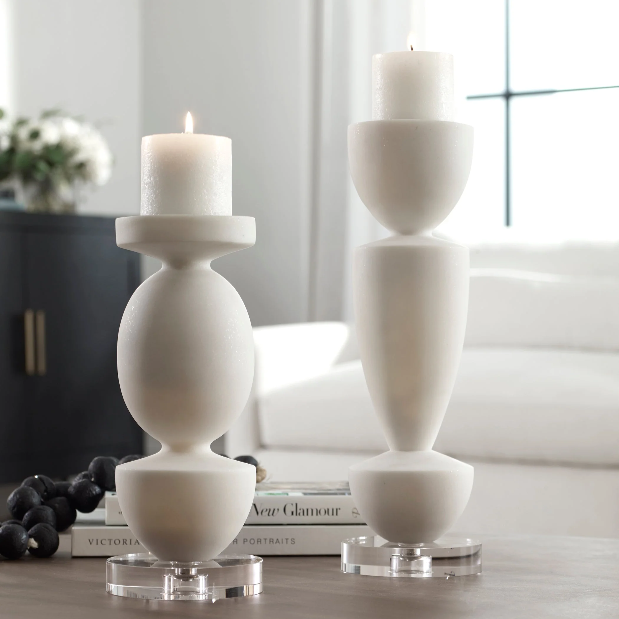 Uttermost Lido White Stone Candleholders, Set/2 - Image 2