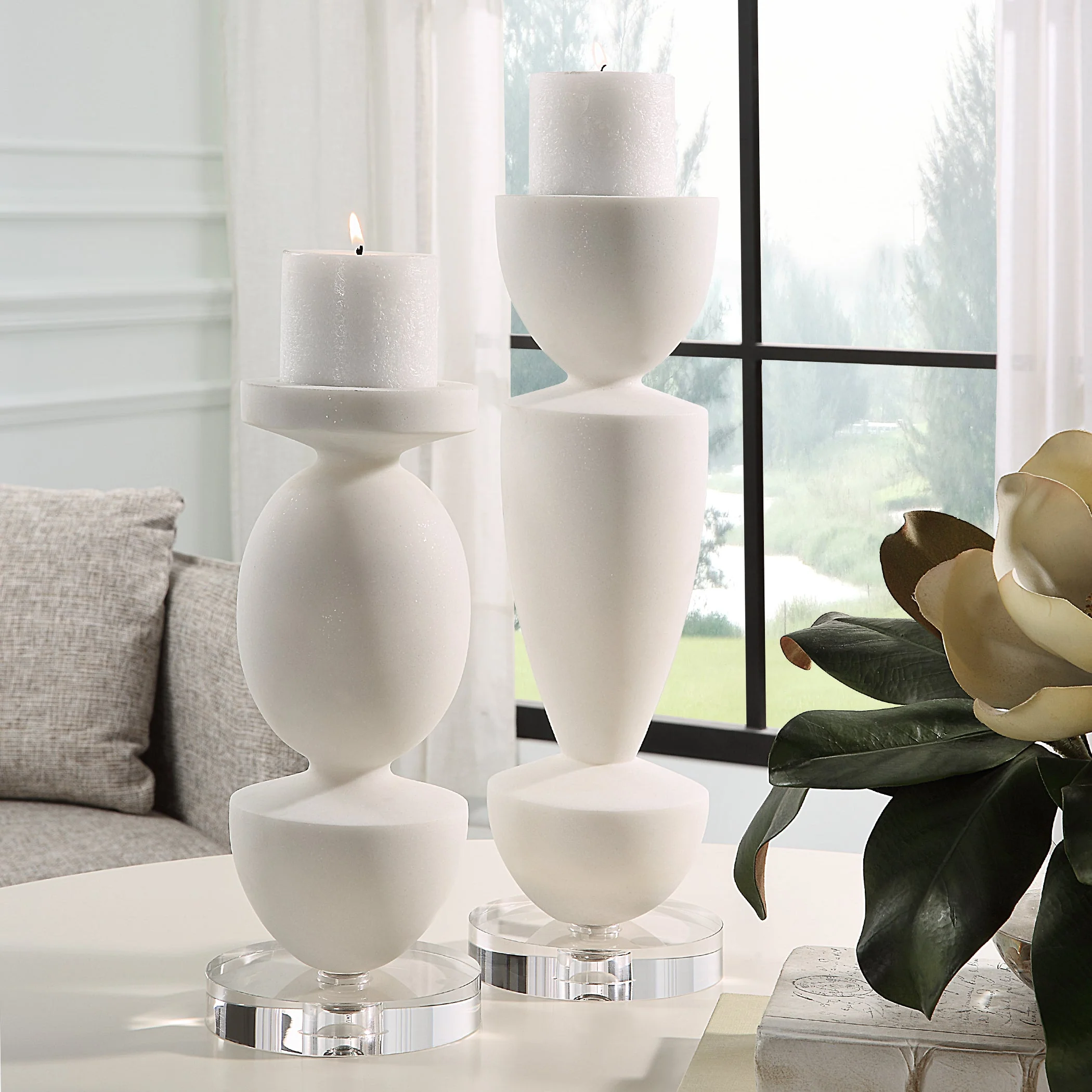 Uttermost Lido White Stone Candleholders, Set/2 - Image 3