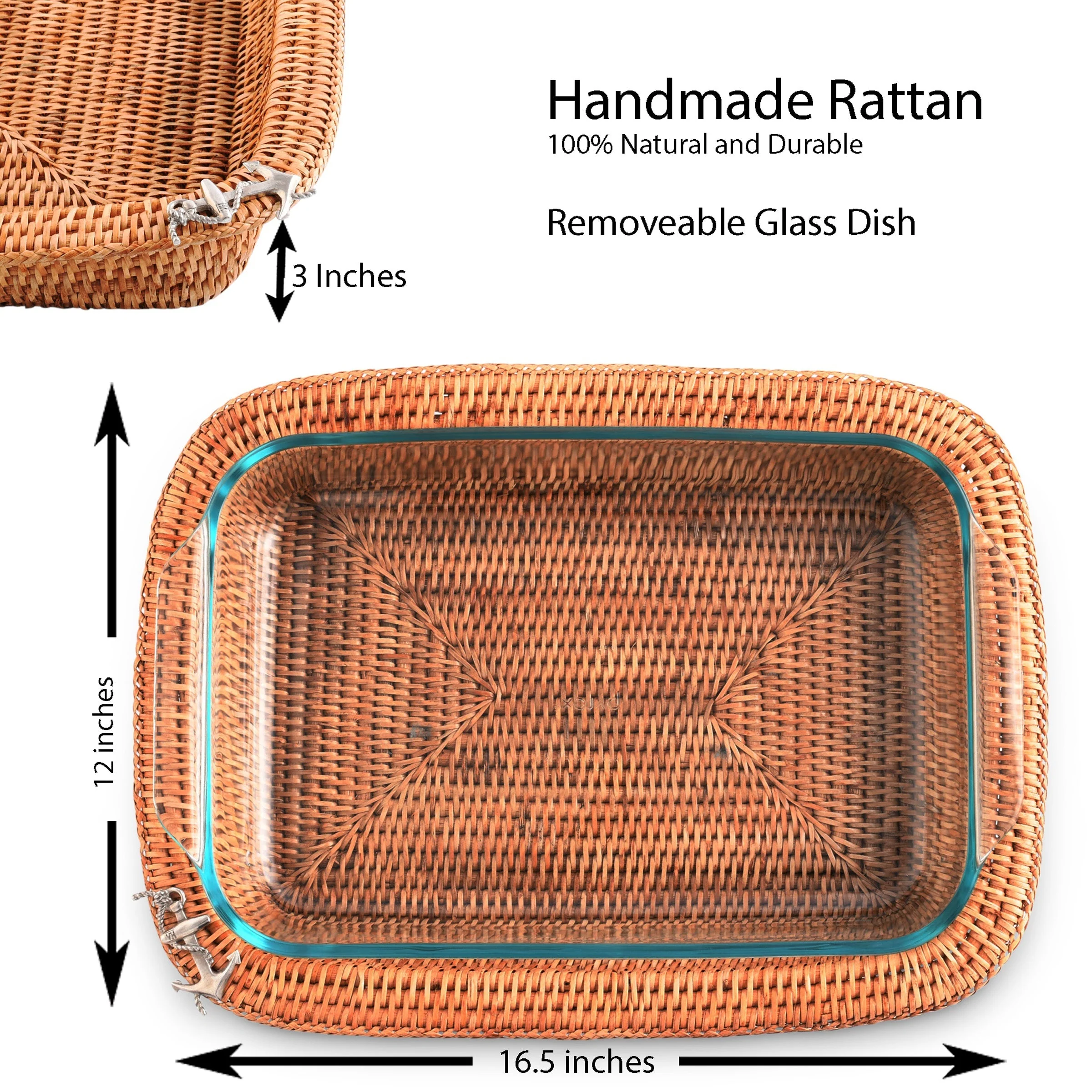 Vagabond House Anchor Hand Woven Wicker Rattan 3qt Rectangular Casserole Holder - Image 6