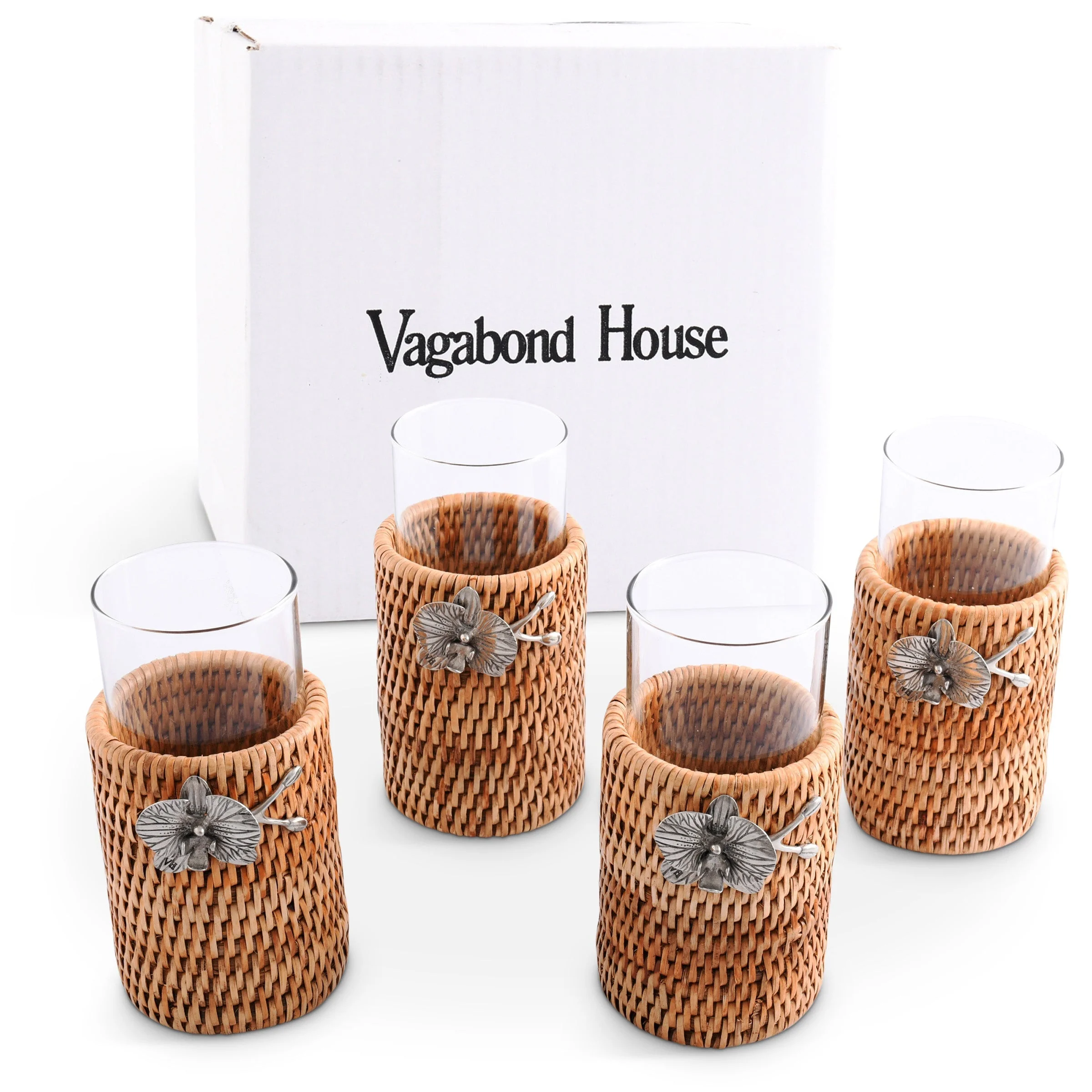 Vagabond House Orchid Drinking Glass Covered with Hand Woven Wicker Rattan - Set of 4 - Image 4