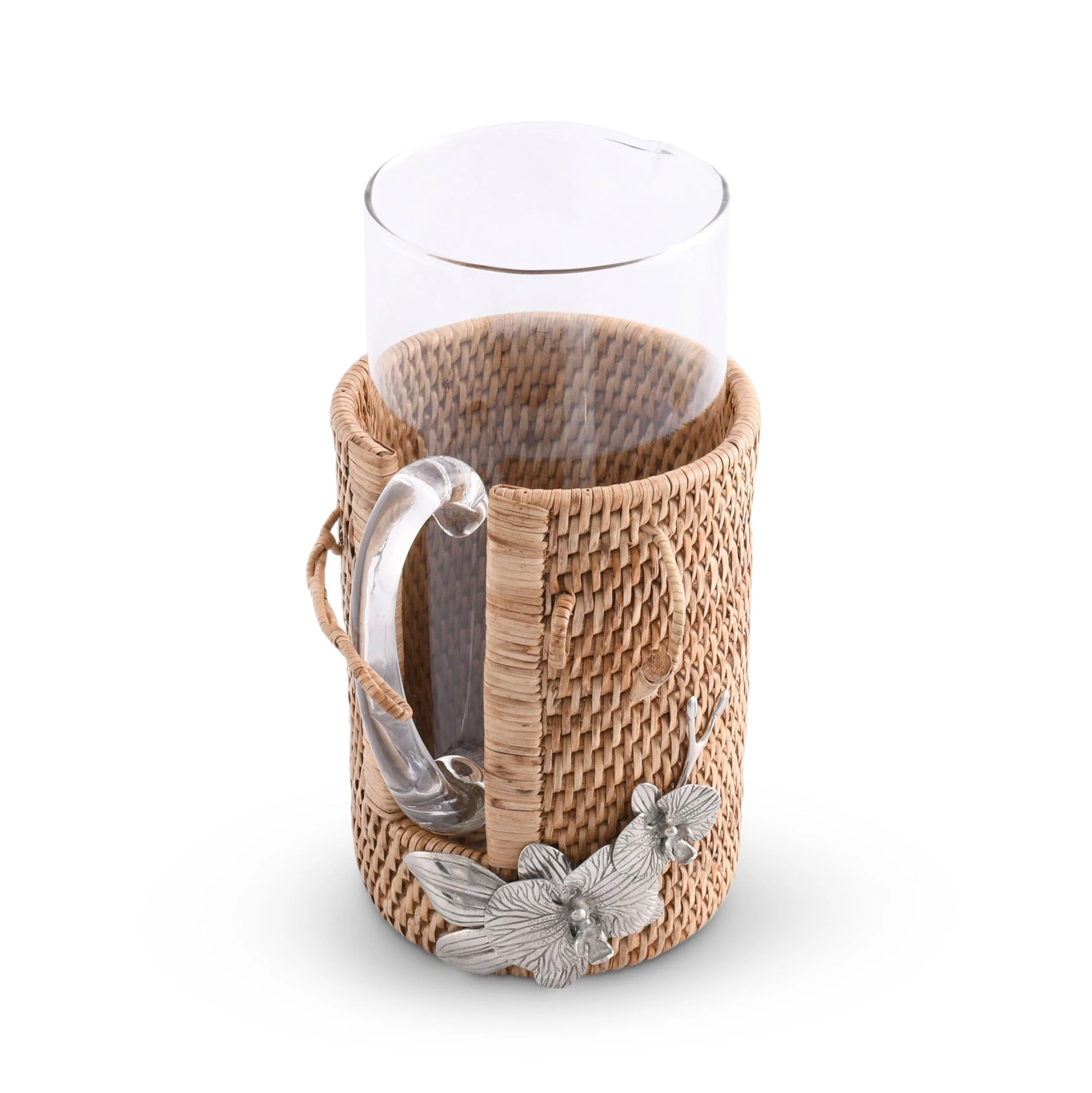 Vagabond House Orchid Glass Pitcher Hand Woven Wicker Natural Rattan Cover - Image 5
