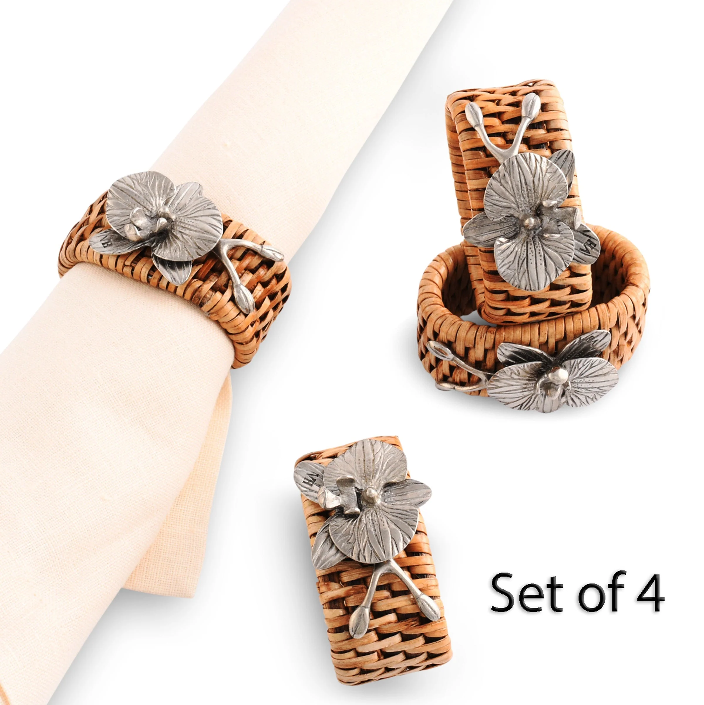 Vagabond House Orchid Hand Woven Wicker Rattan Napkin Ring - Set of 4