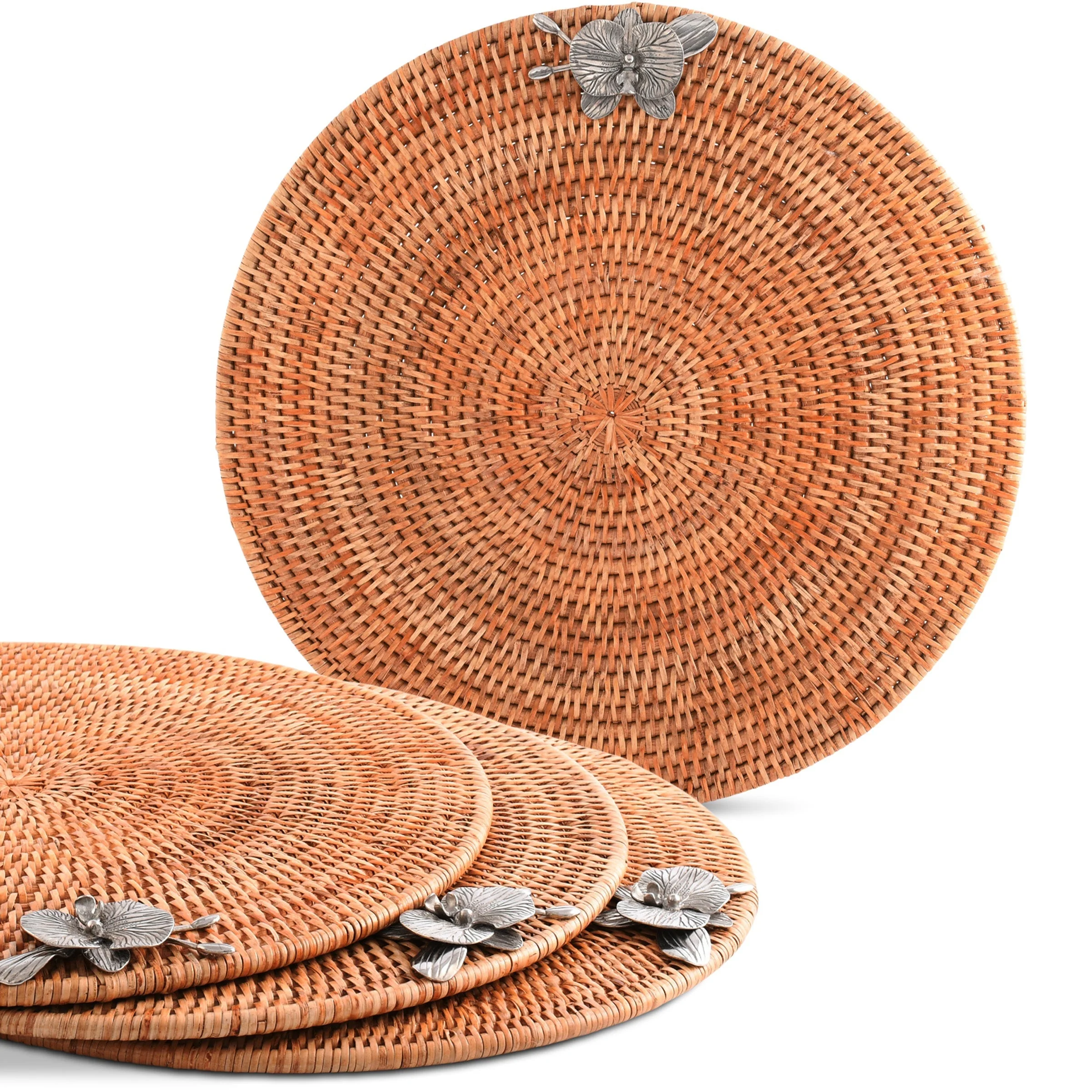 Vagabond House Orchid Placemat Hand Woven Wicker Rattan Round - Set of 4