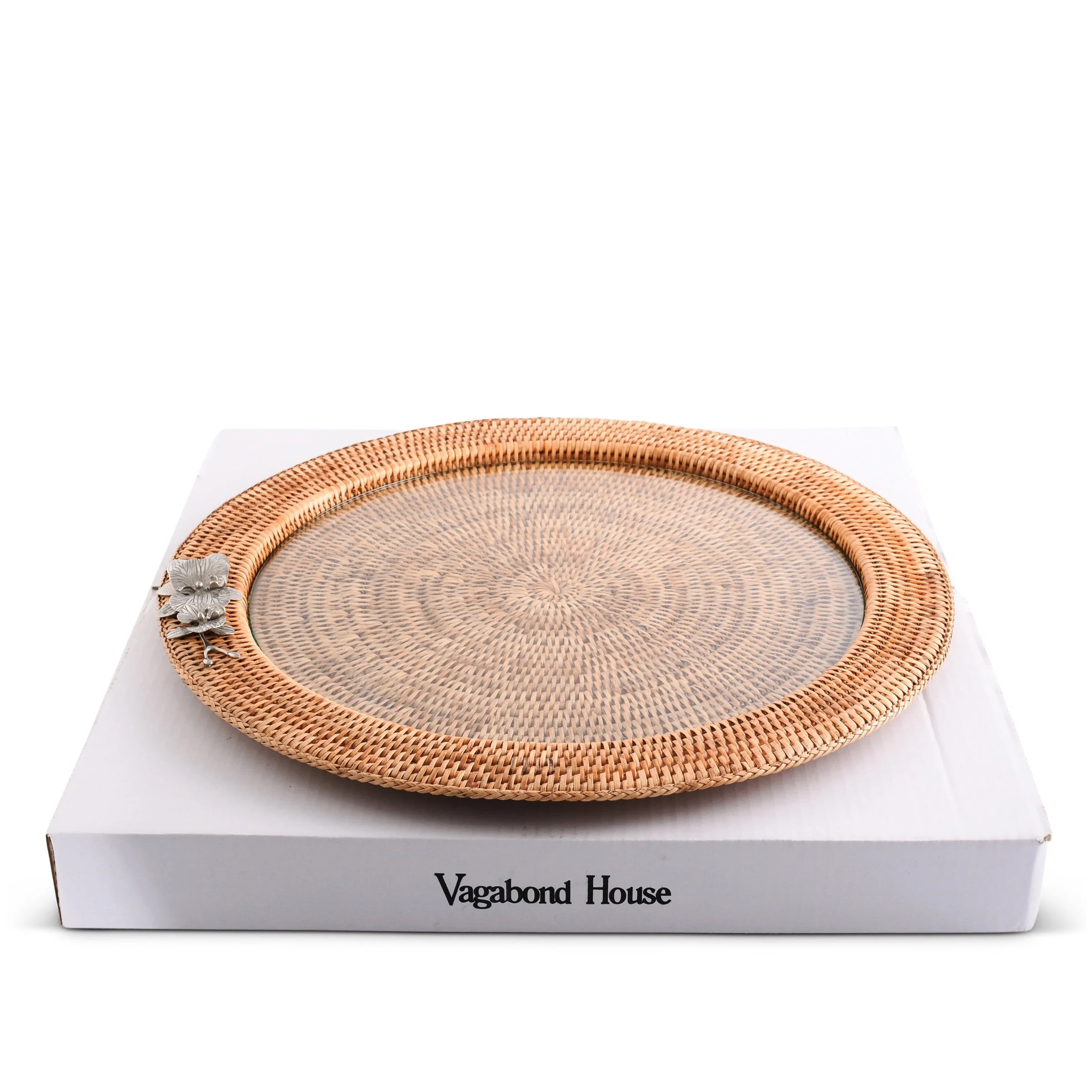 Vagabond House Orchid Round Serving Tray Hand Woven Wicker Rattan - Glass Insert - Image 11