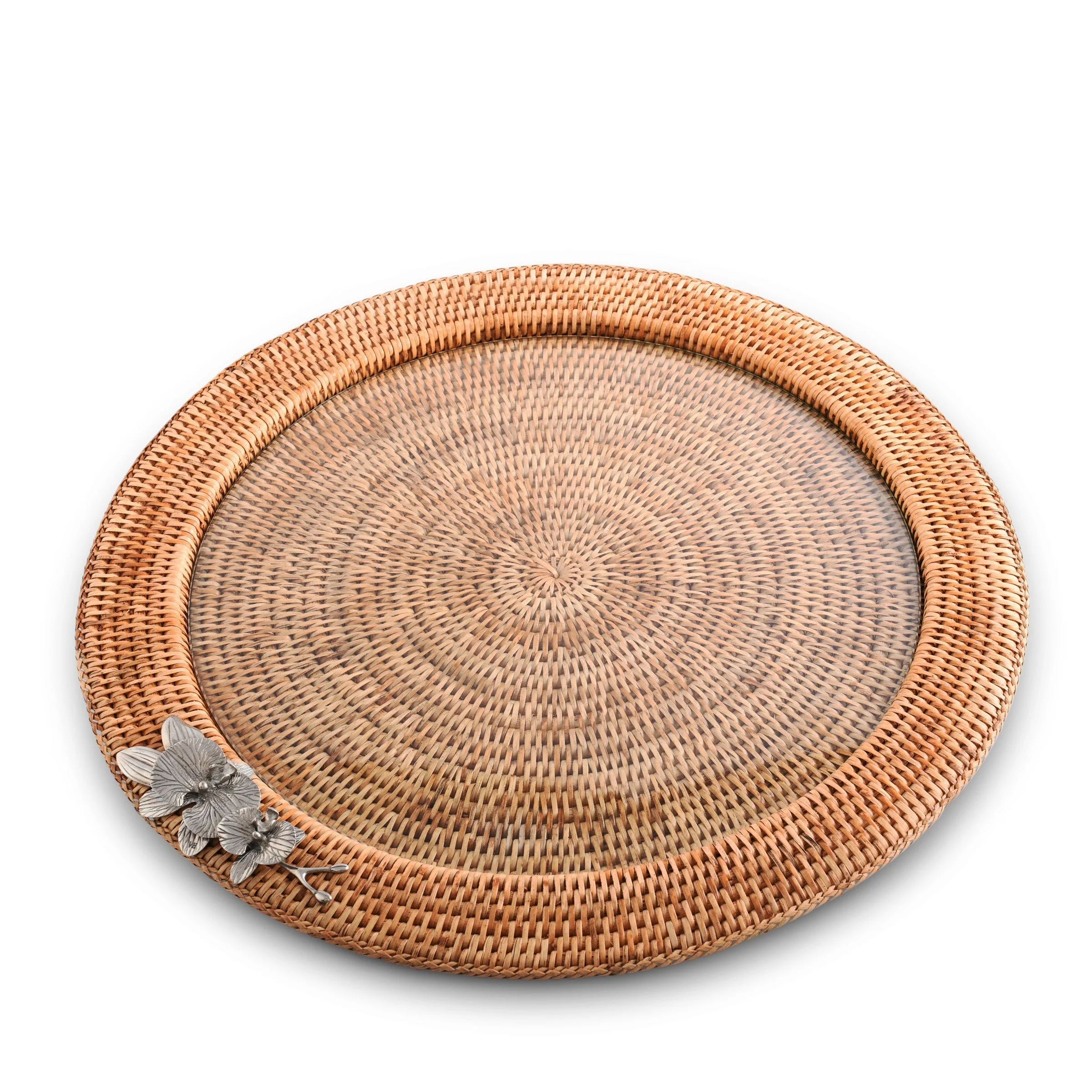 Vagabond House Orchid Round Serving Tray Hand Woven Wicker Rattan - Glass Insert - Image 7