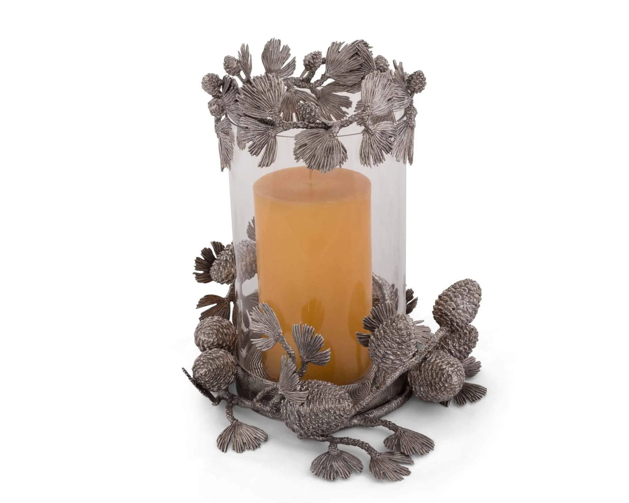 Vagabond House Pewter Pine Cones Pillar Hurricane Centerpiece