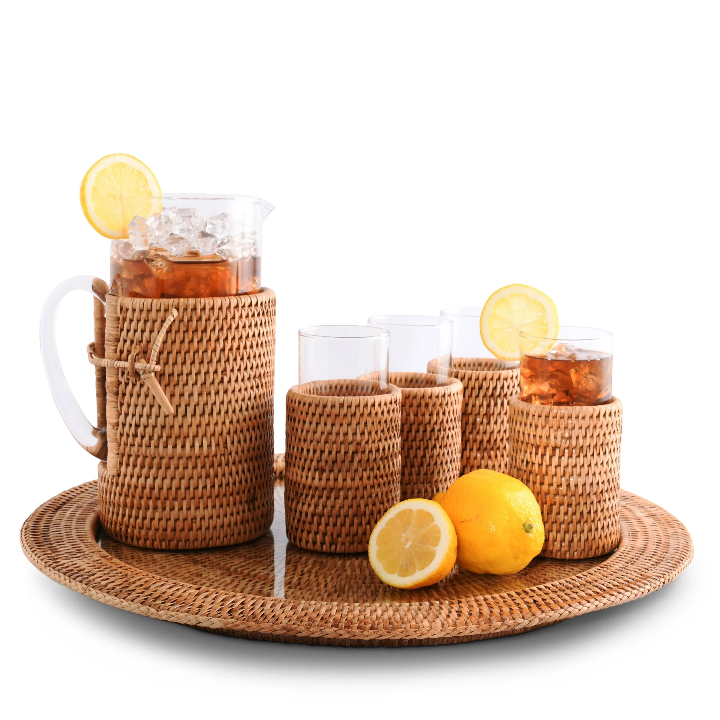 Vagabond House Round Serving Tray Hand Woven Wicker Rattan - Glass Insert - Image 5
