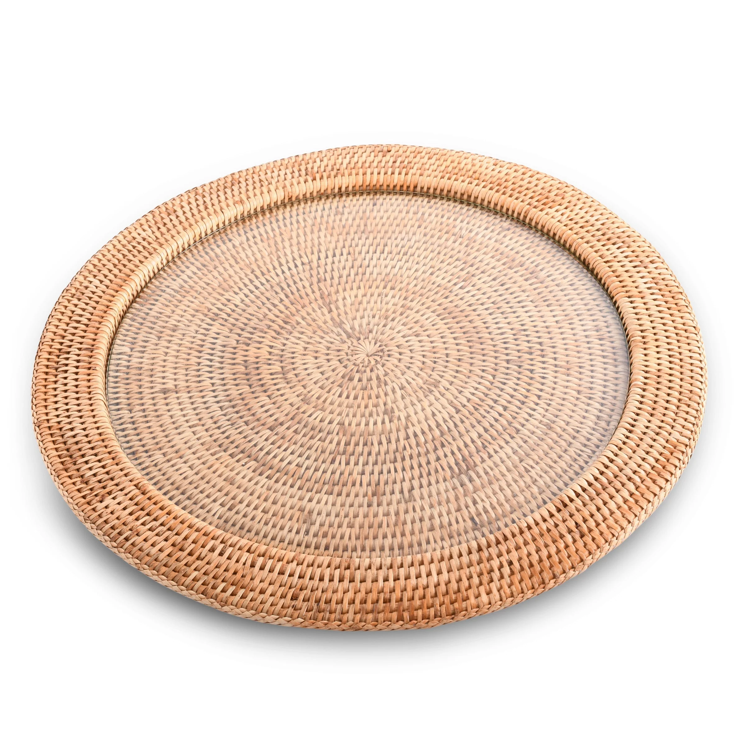 Vagabond House Round Serving Tray Hand Woven Wicker Rattan - Glass Insert - Image 6