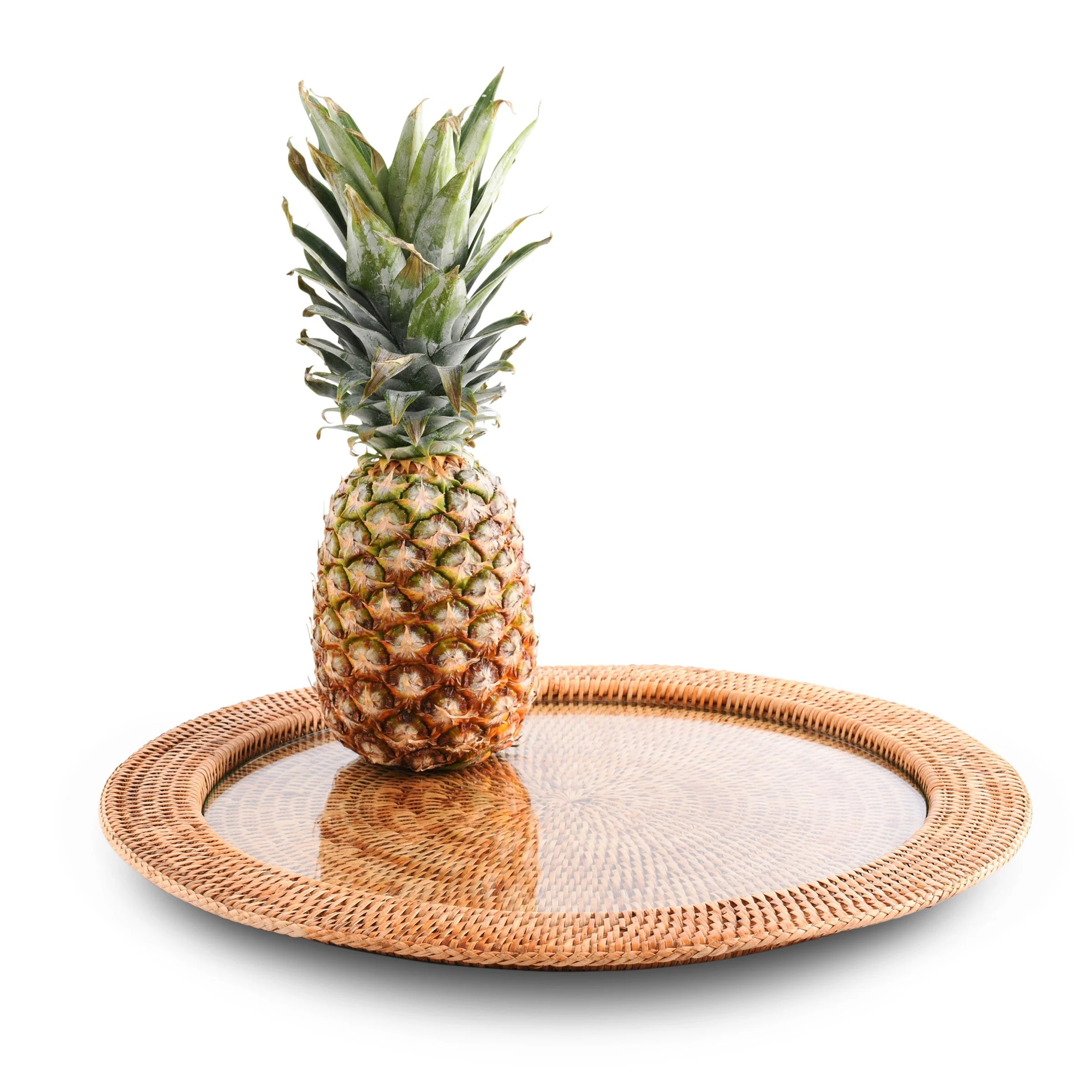 Vagabond House Round Serving Tray Hand Woven Wicker Rattan - Glass Insert - Image 8