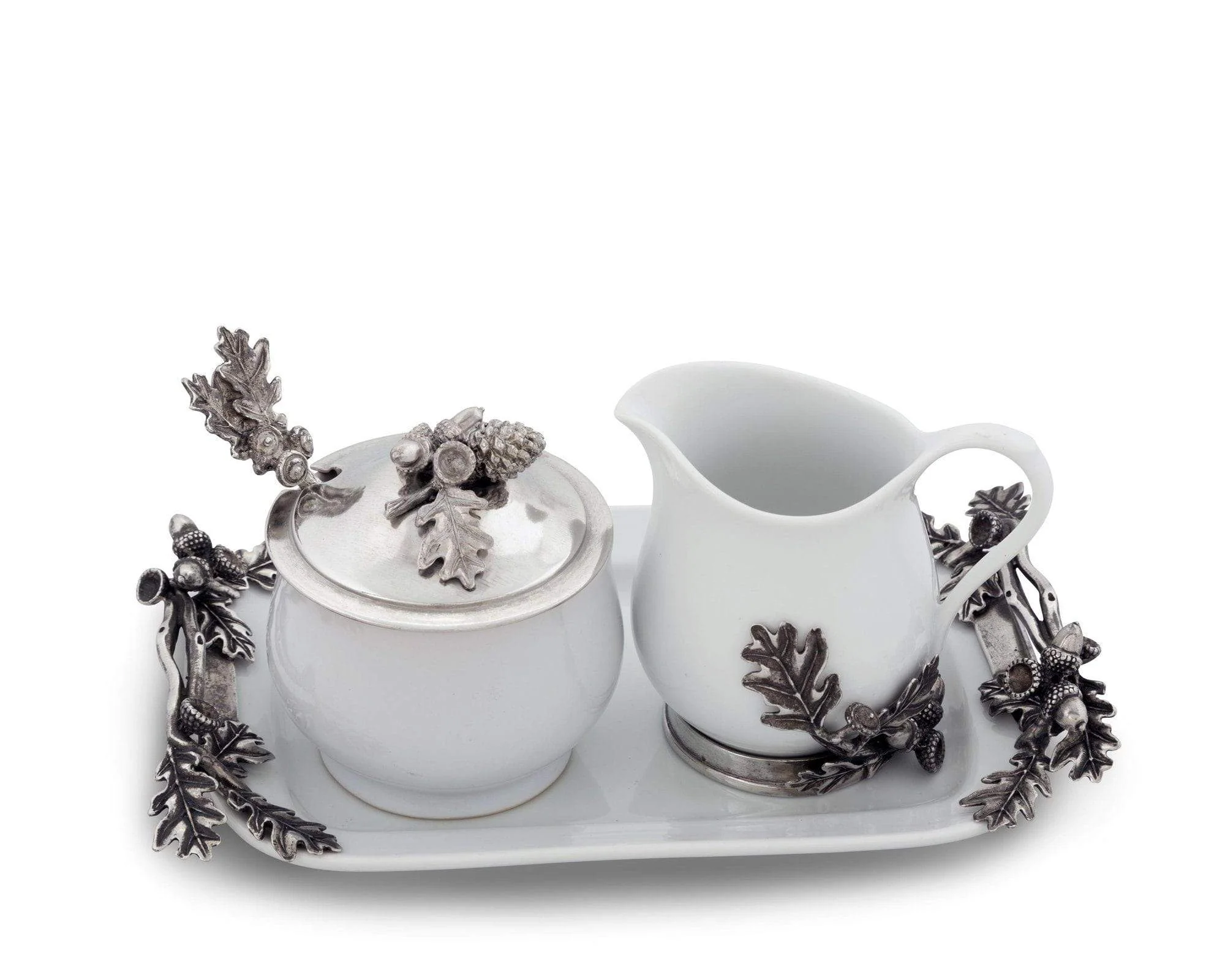 Vagabond House Stoneware Creamer Set - Pewter Acorn & Oak Leaf