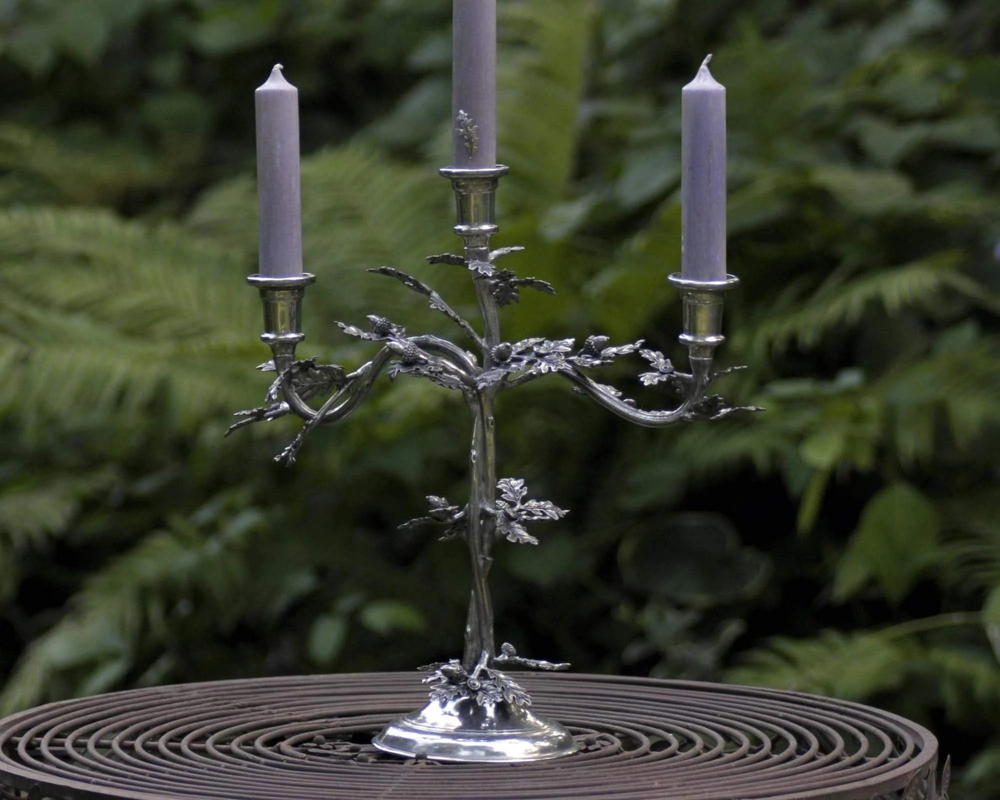 Vagabond House Three Taper Pewter Oak Leaf Candelabrum