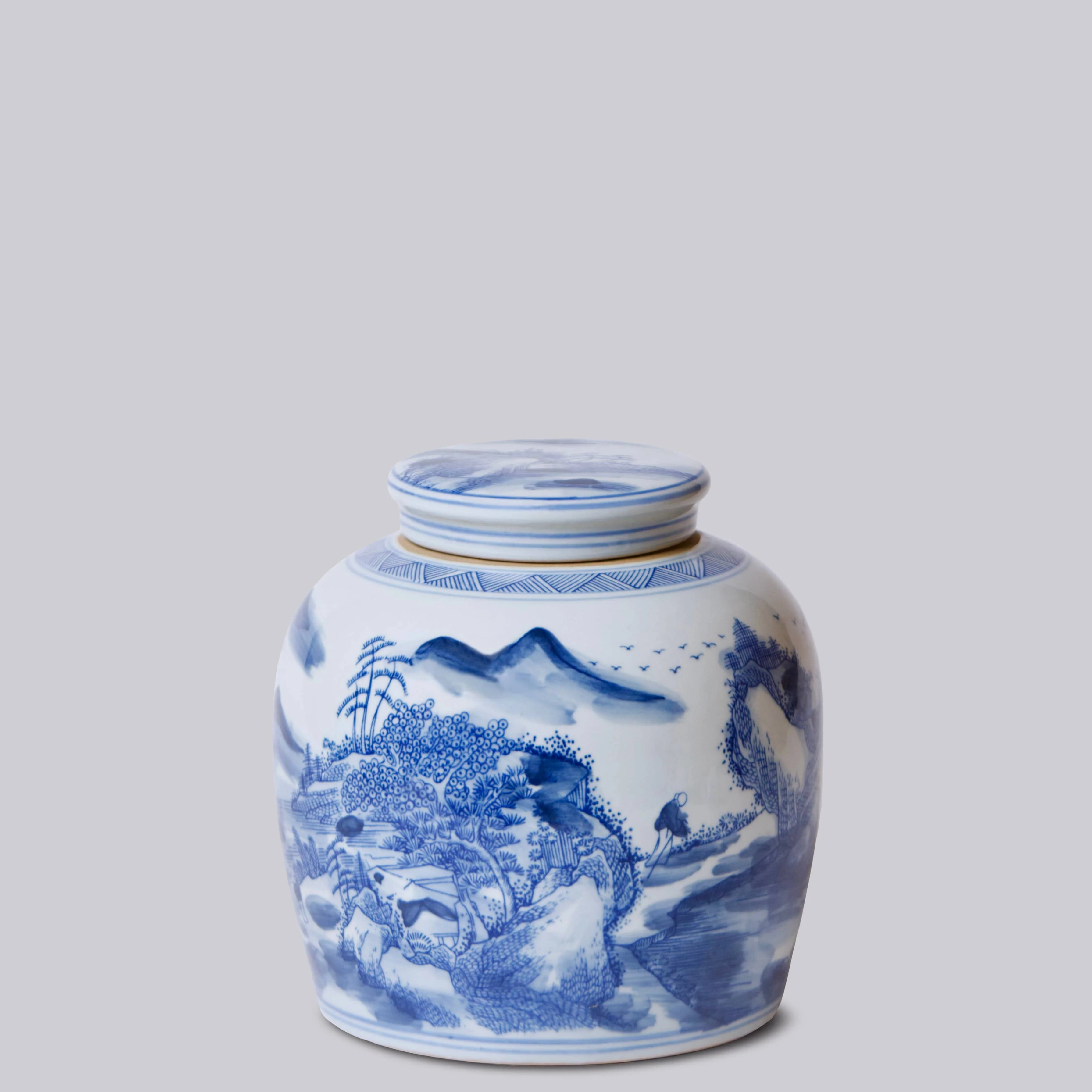 Willow Ware Blue and White Porcelain Round Storage Jar