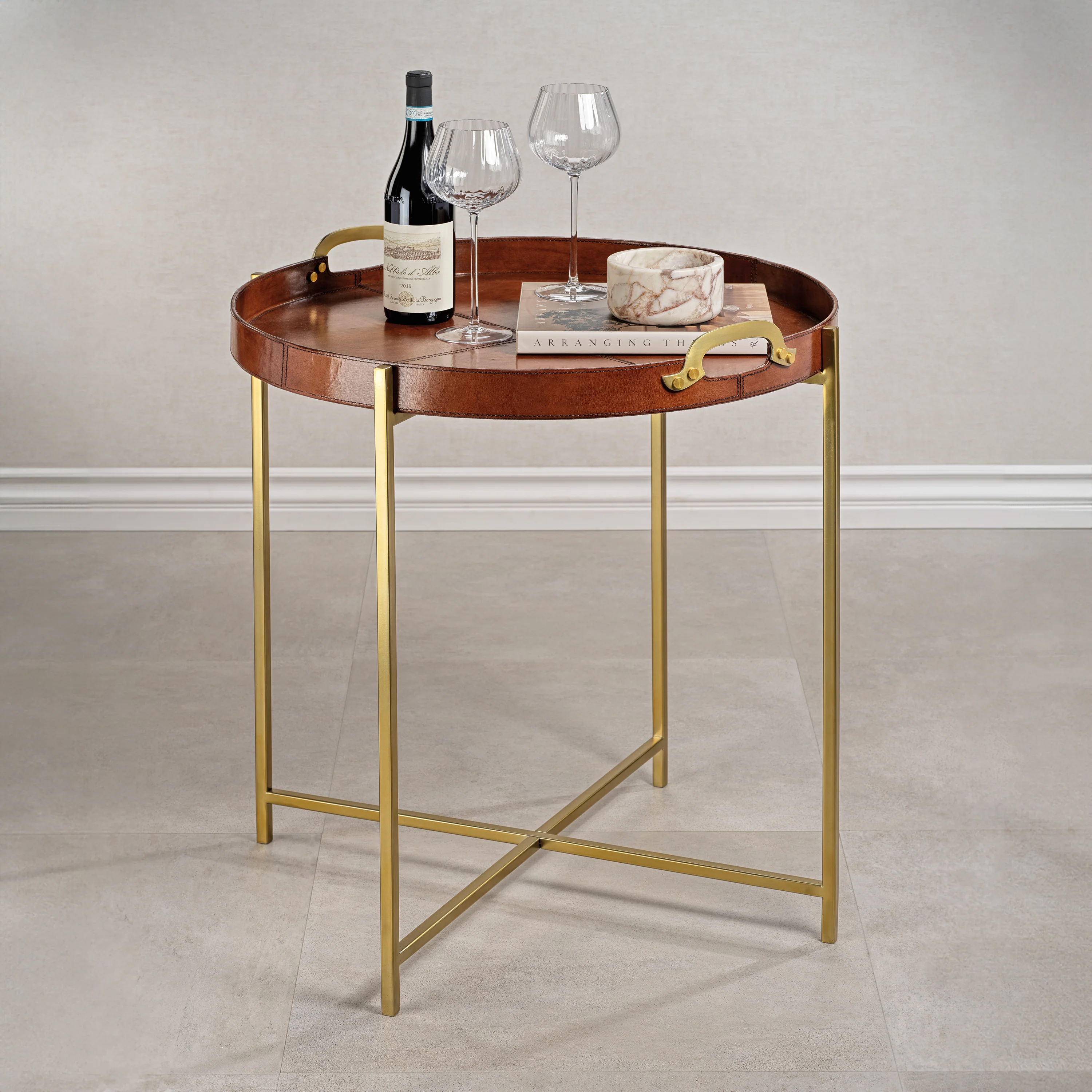 Aspen Leather with Brass Handles Round Tray on Stand - Image 2