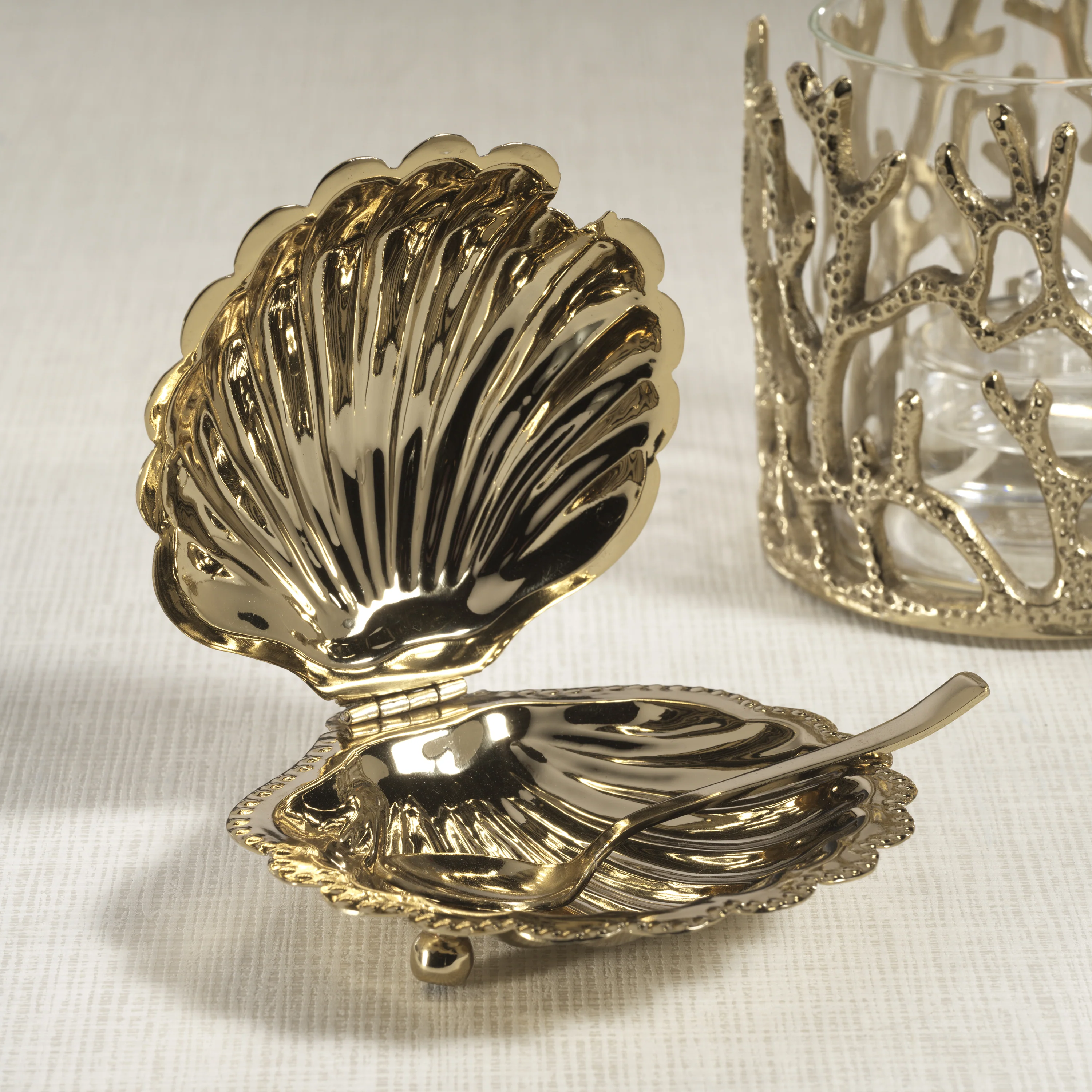 Cap Ferrat Fan Shell Lidded Bowl w/ Spoon, Polished Gold - Image 2
