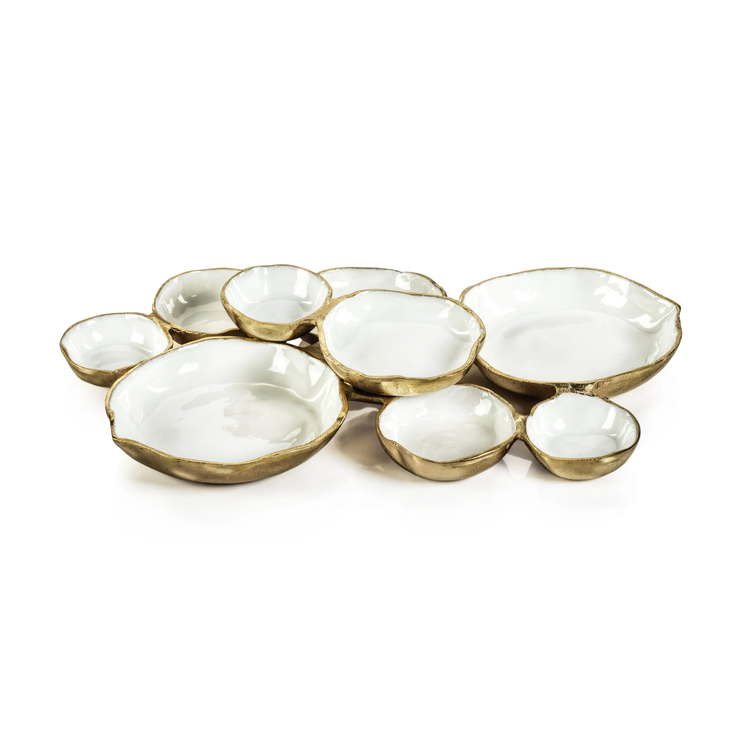 Cluster of Nine Round Serving Bowls-Gold w/ White Enamel 19"