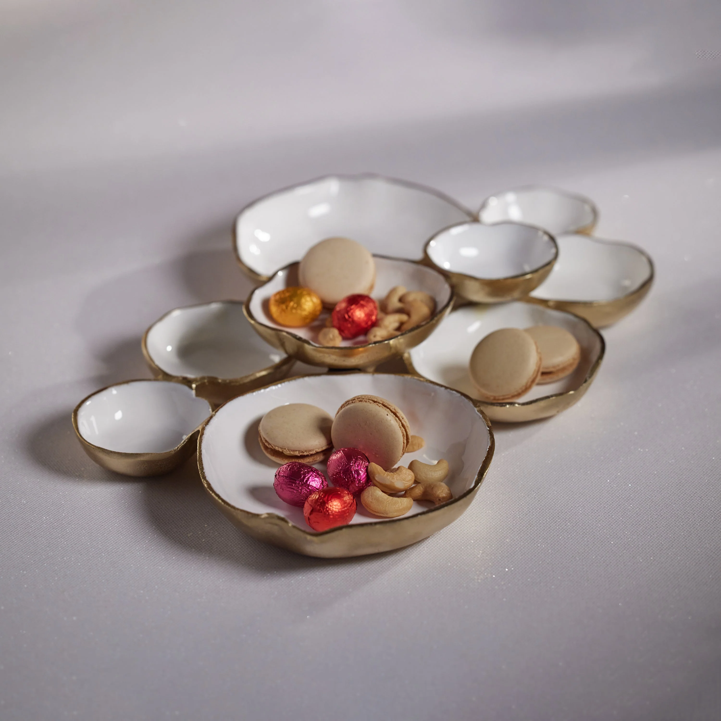 Cluster of Nine Round Serving Bowls-Gold w/ White Enamel 19" - Image 2