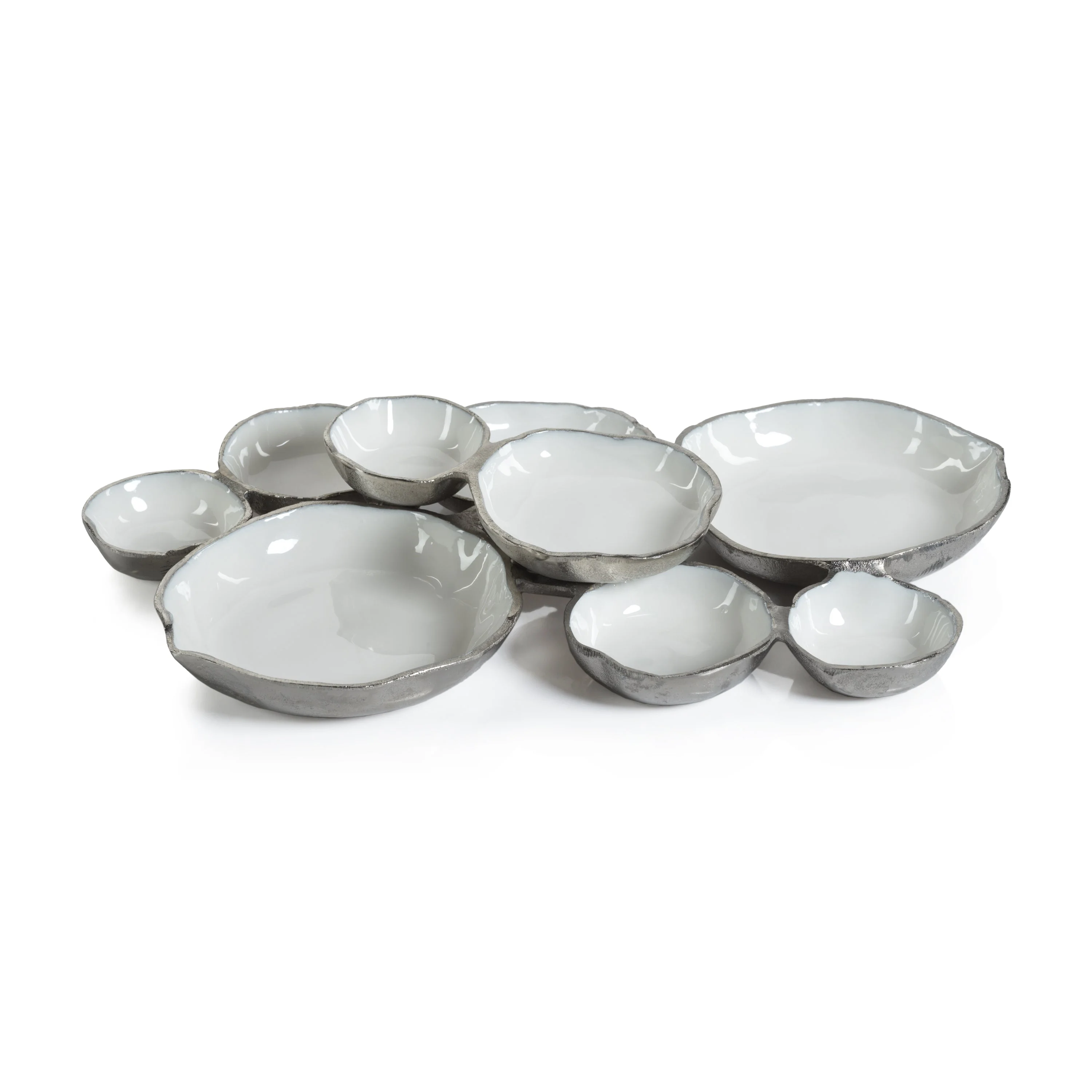 Cluster of Nine Round Serving Bowls-Nickel w/ White Enamel 19"