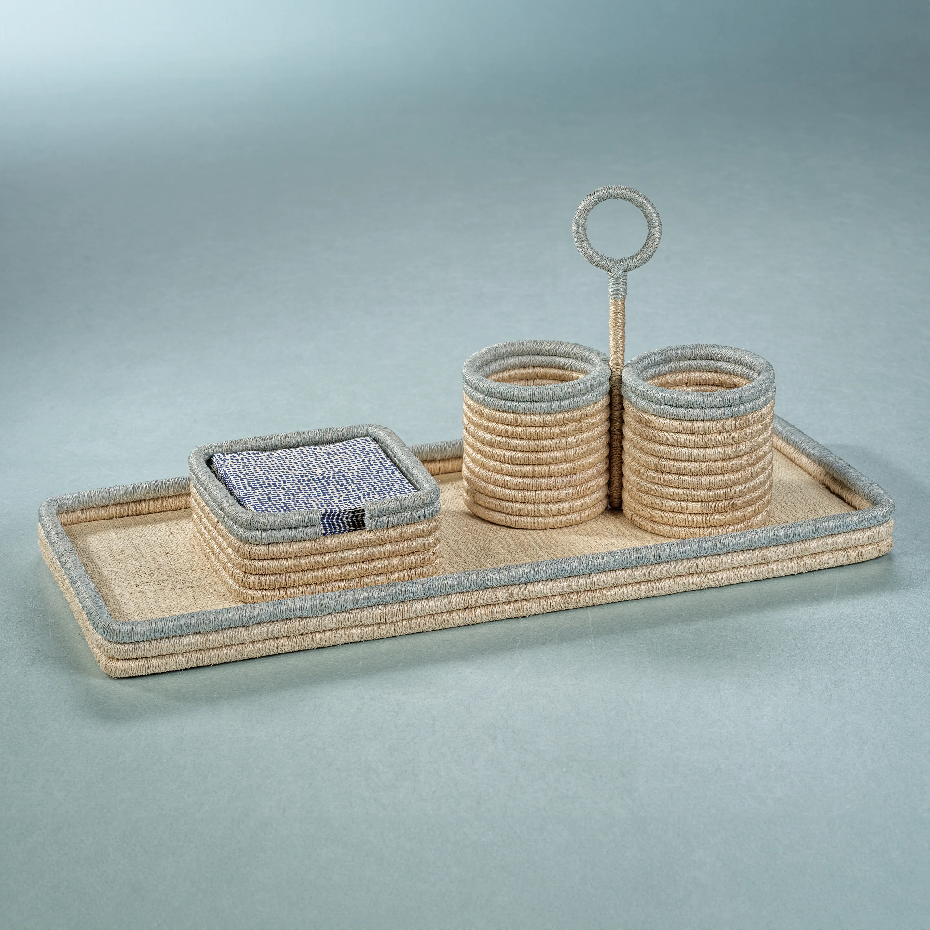 La Cote Coiled Rattan & Abaca Rectangular Serving Tray - Image 2