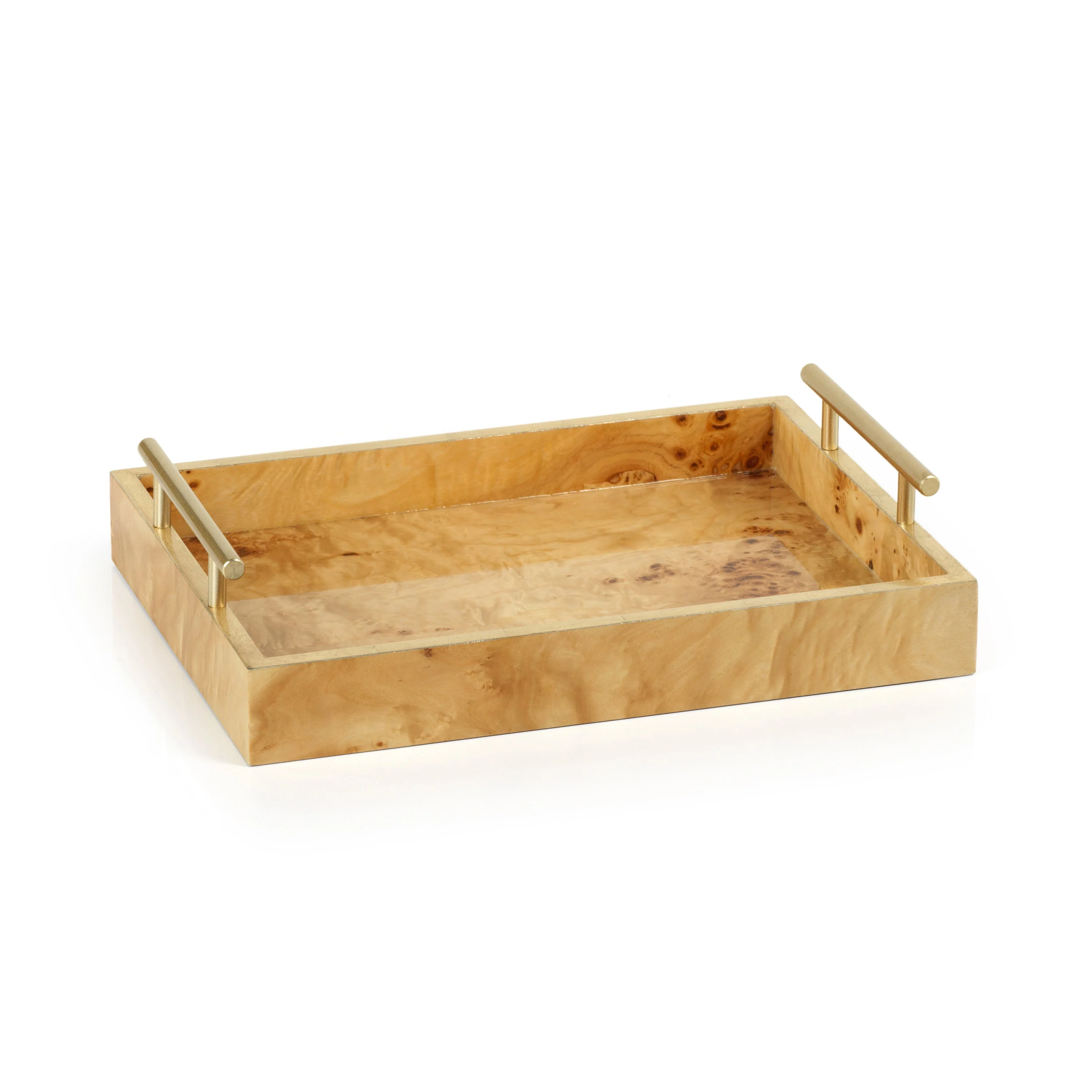Leiden Burl Wood Rectangular Tray w/ Gold Handles- 13"