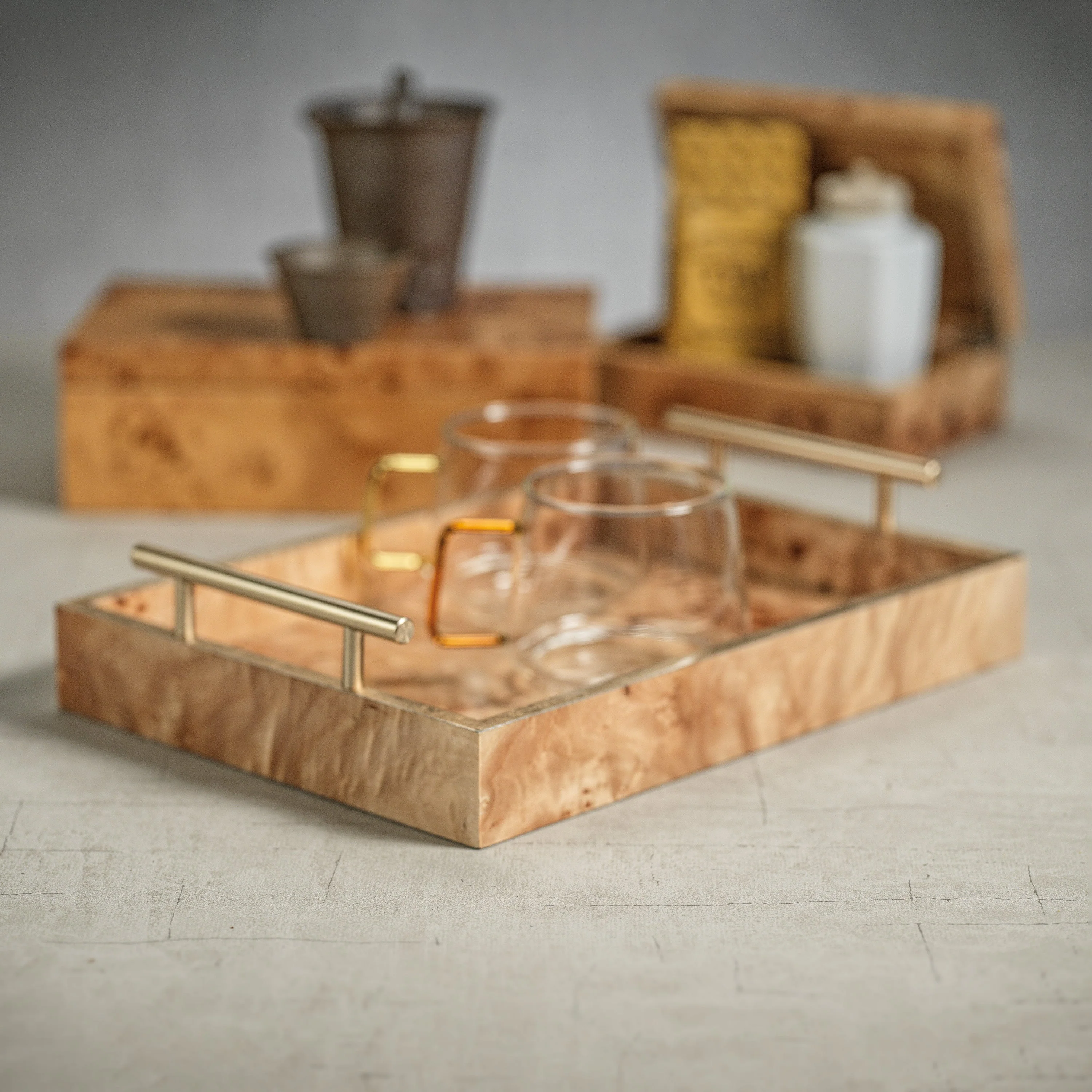 Leiden Burl Wood Rectangular Tray w/ Gold Handles- 13" - Image 2
