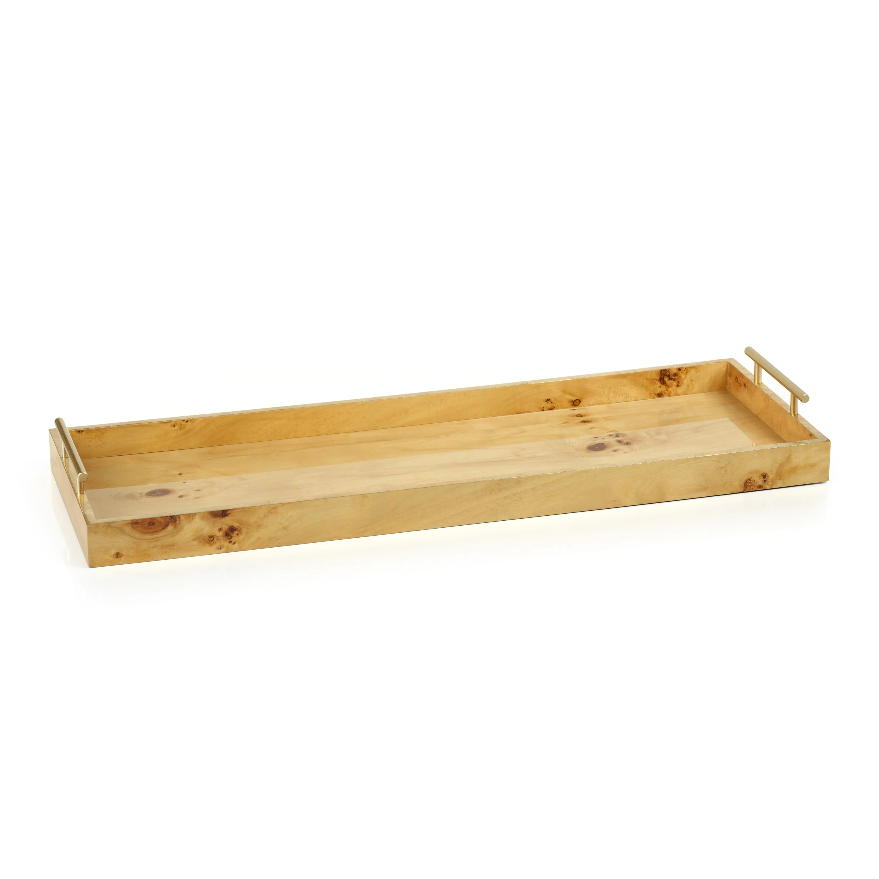 Leiden Burl Wood Rectangular Tray w/ Gold Handles- 30"