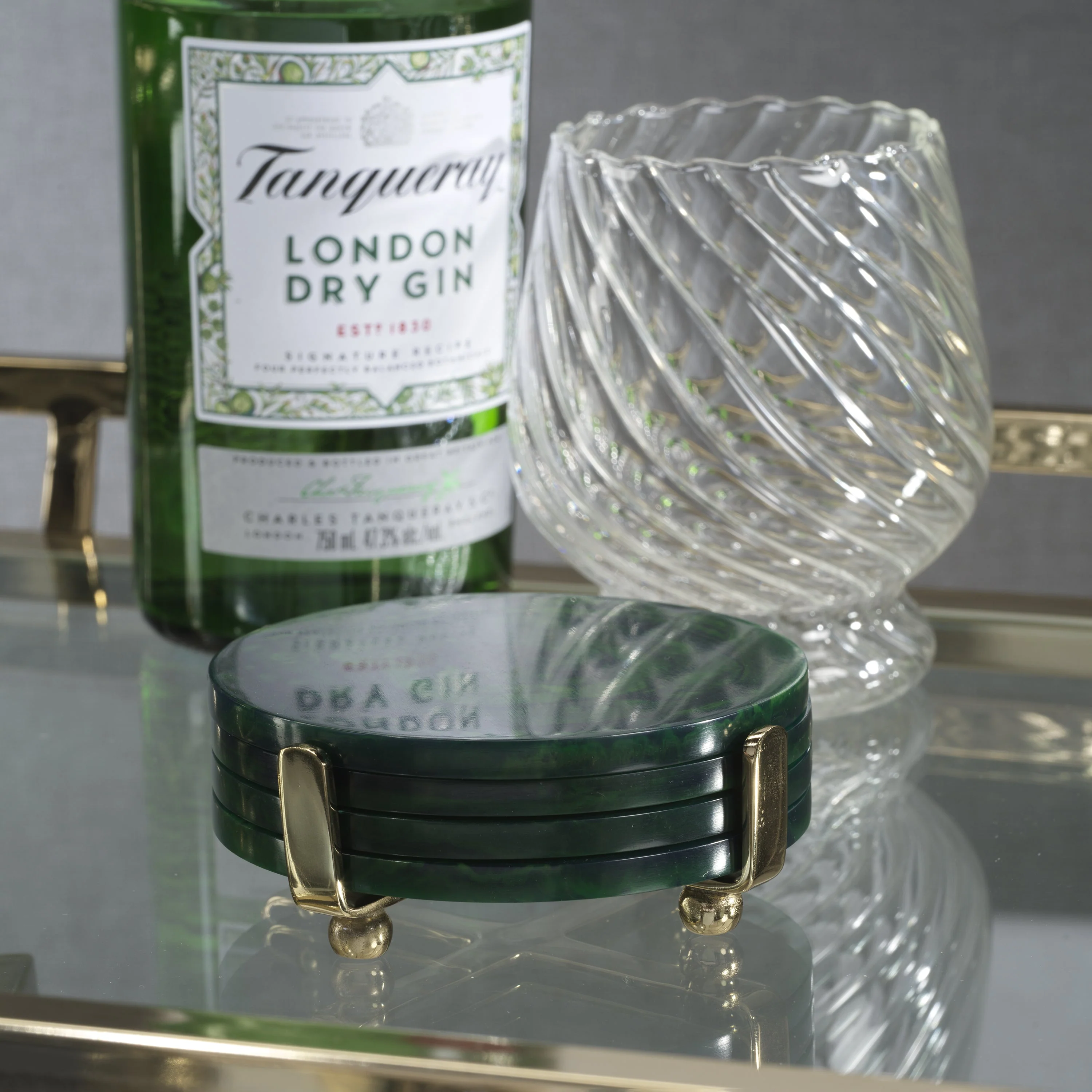 Spiga Set of 4 Coasters on Stand - Gold with Green Accent - Image 3